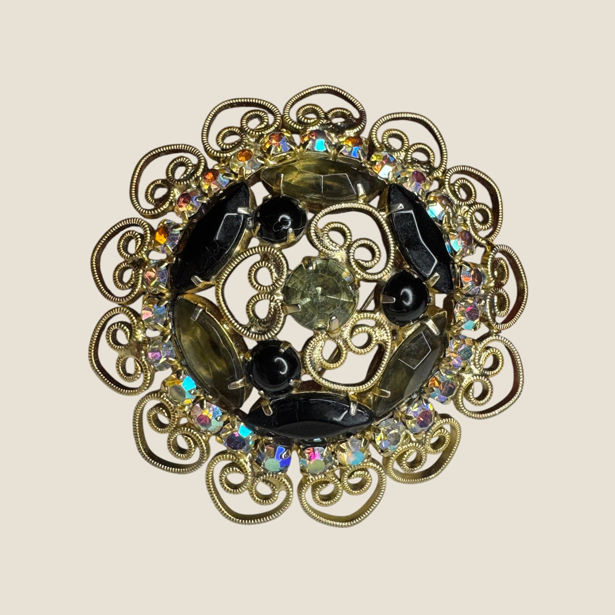 Smoky Gray & Black Rhinestone Filigree Wreath Brooch – 1960s Vintage Statement Pin