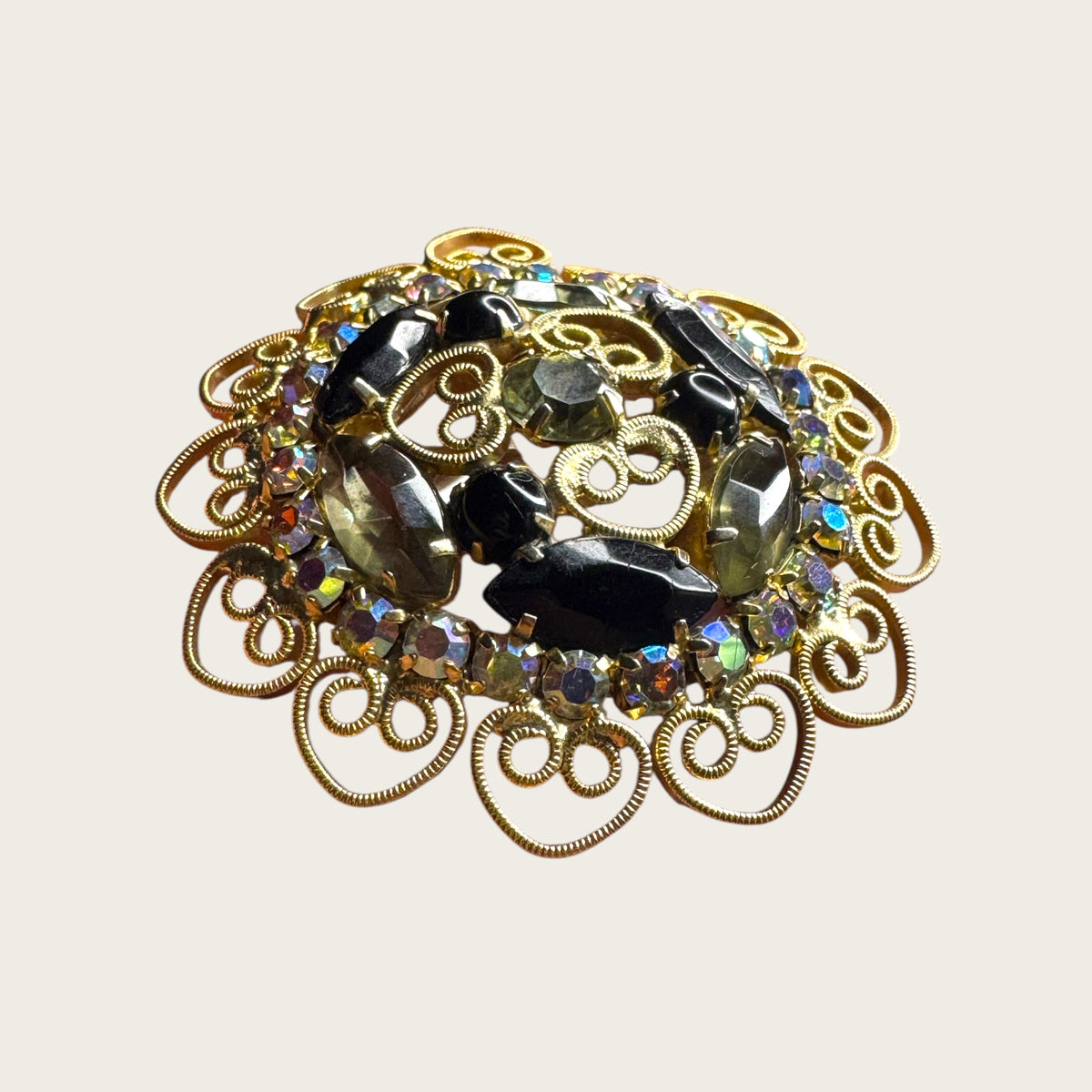 Smoky Gray & Black Rhinestone Filigree Wreath Brooch – 1960s Vintage Statement Pin
