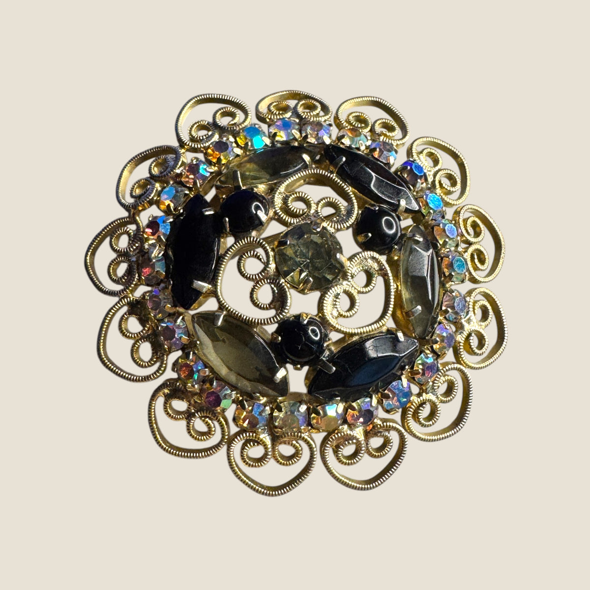 Smoky Gray & Black Rhinestone Filigree Wreath Brooch – 1960s Vintage Statement Pin
