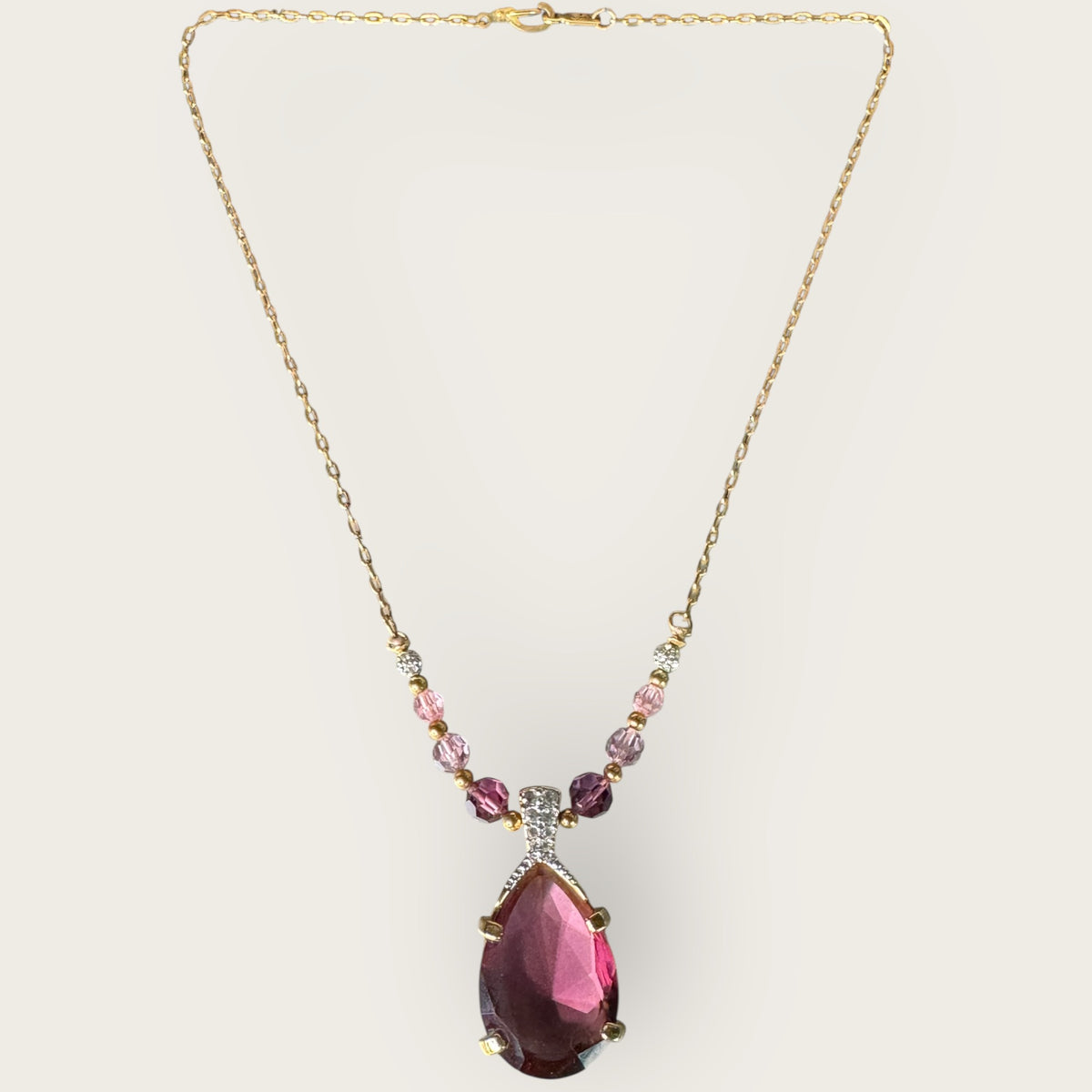 Swarovski Amethyst Crystal Pendant Necklace in Gold Tone with Lavender and Pink Beads – Signed Swan Logo