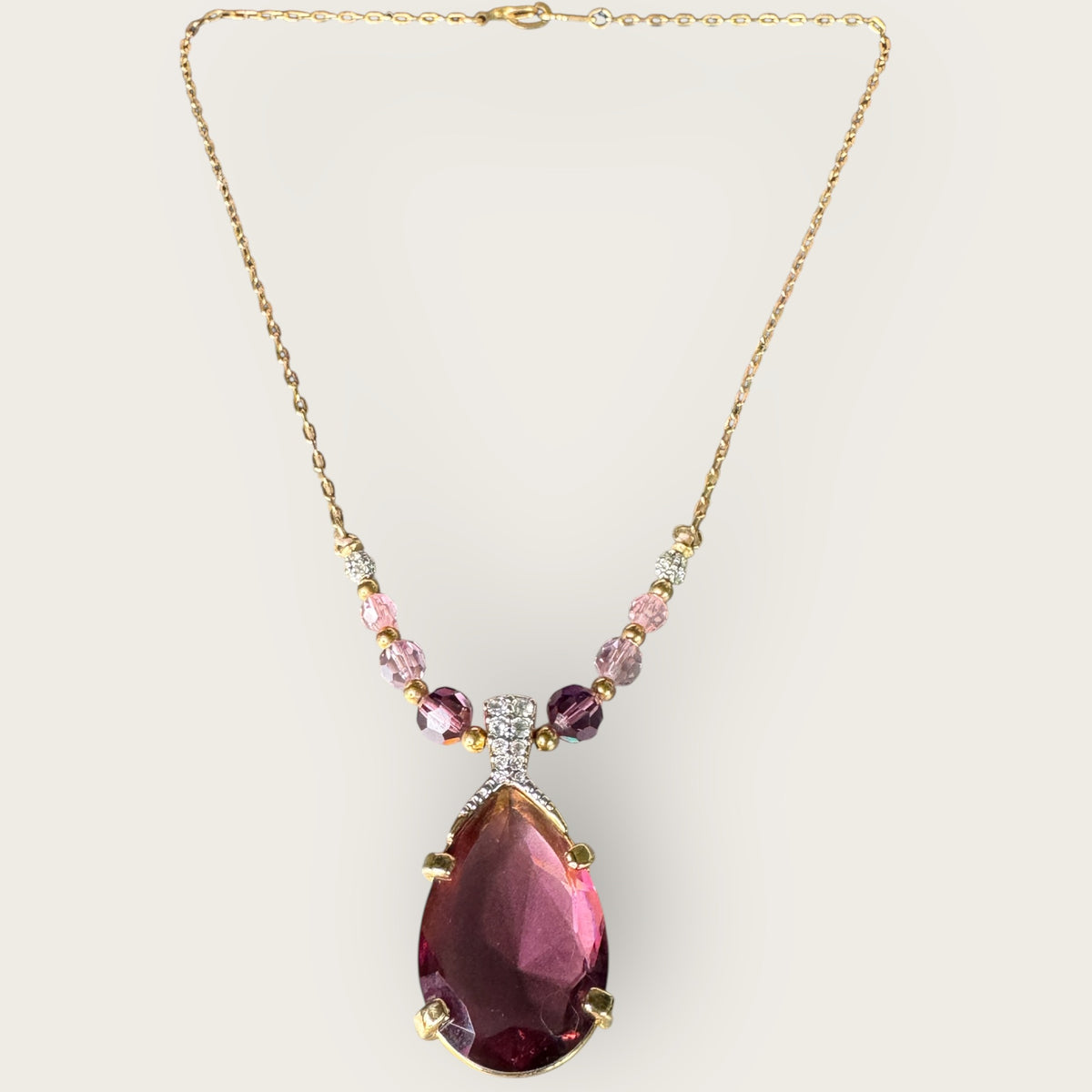 Swarovski Amethyst Crystal Pendant Necklace in Gold Tone with Lavender and Pink Beads – Signed Swan Logo