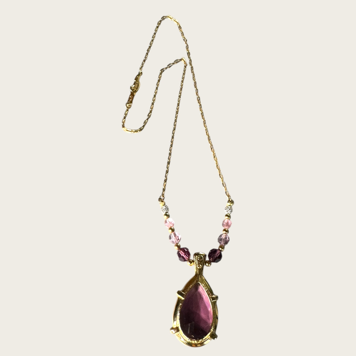 Swarovski Amethyst Crystal Pendant Necklace in Gold Tone with Lavender and Pink Beads – Signed Swan Logo