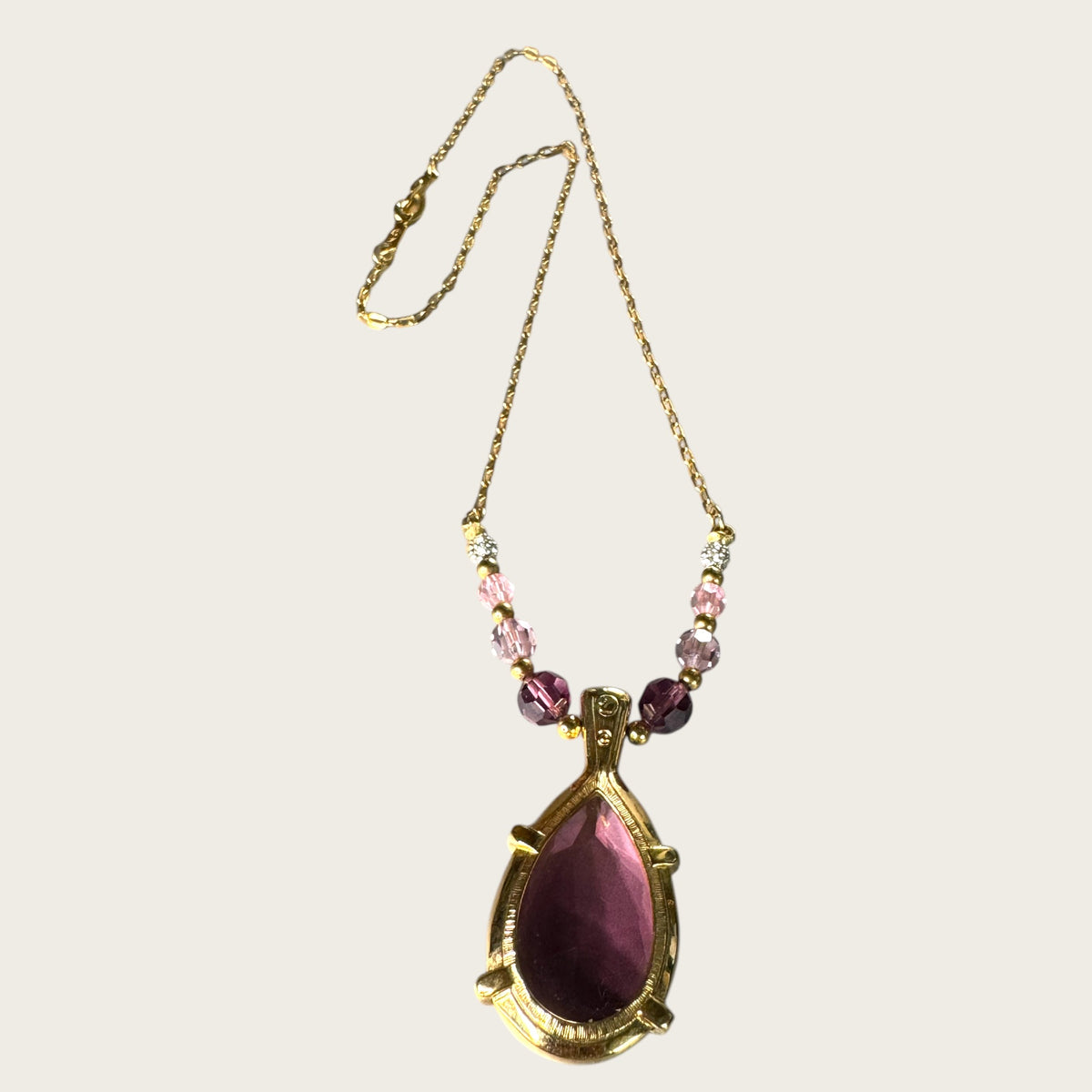 Swarovski Amethyst Crystal Pendant Necklace in Gold Tone with Lavender and Pink Beads – Signed Swan Logo