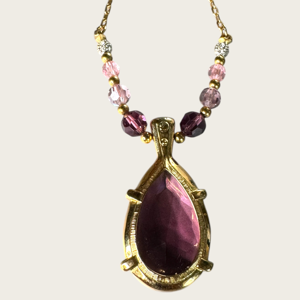 Swarovski Amethyst Crystal Pendant Necklace in Gold Tone with Lavender and Pink Beads – Signed Swan Logo