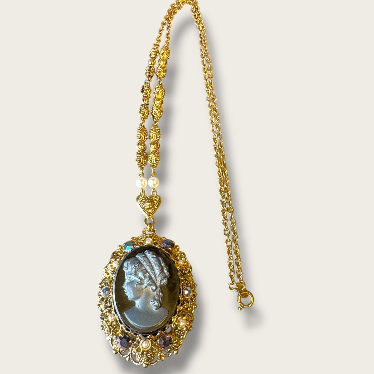 Vintage West Germany Hematite Glass Cameo Pendant Necklace – Ornate Filigree Frame with Pearls & Faceted Stones – Signed 1960s