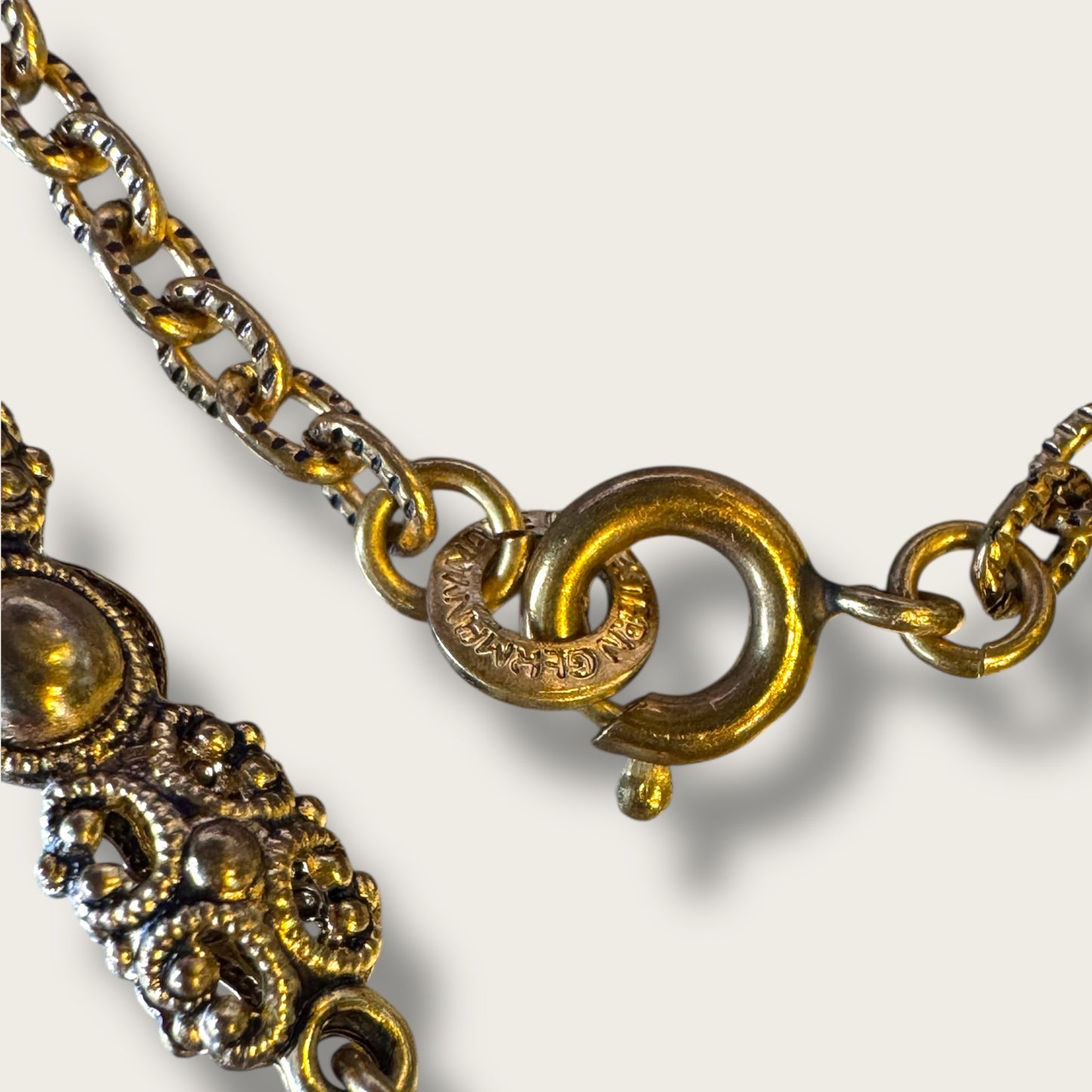 Vintage West Germany Hematite Glass Cameo Pendant Necklace – Ornate Filigree Frame with Pearls & Faceted Stones – Signed 1960s