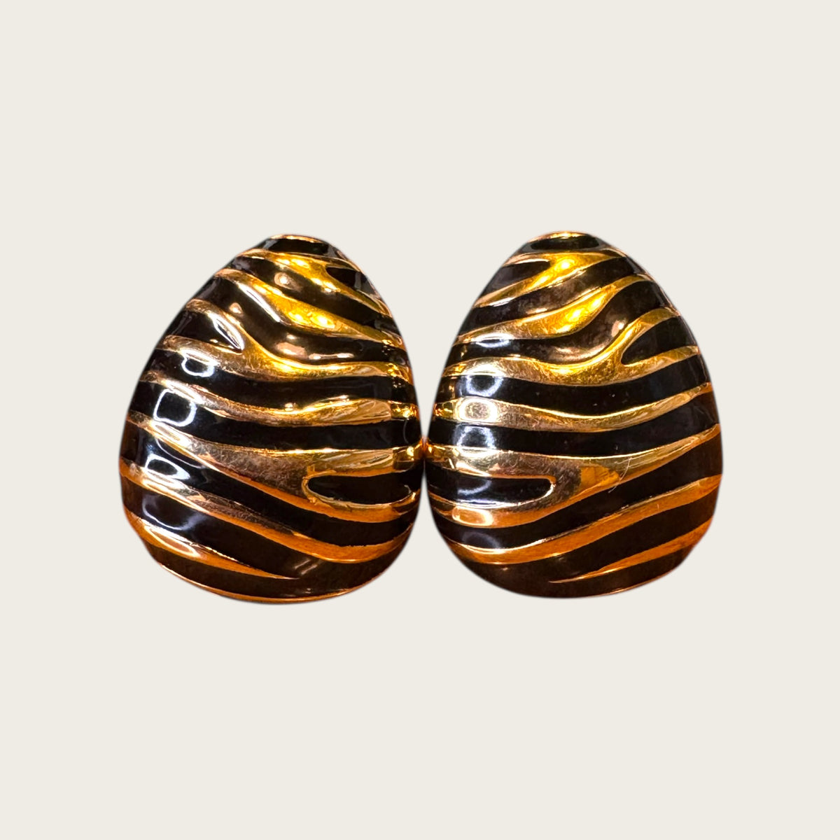Joan Rivers Gold-Tone Zebra Stripe Clip-On Earrings – Black Enamel | 1990s Statement Couture