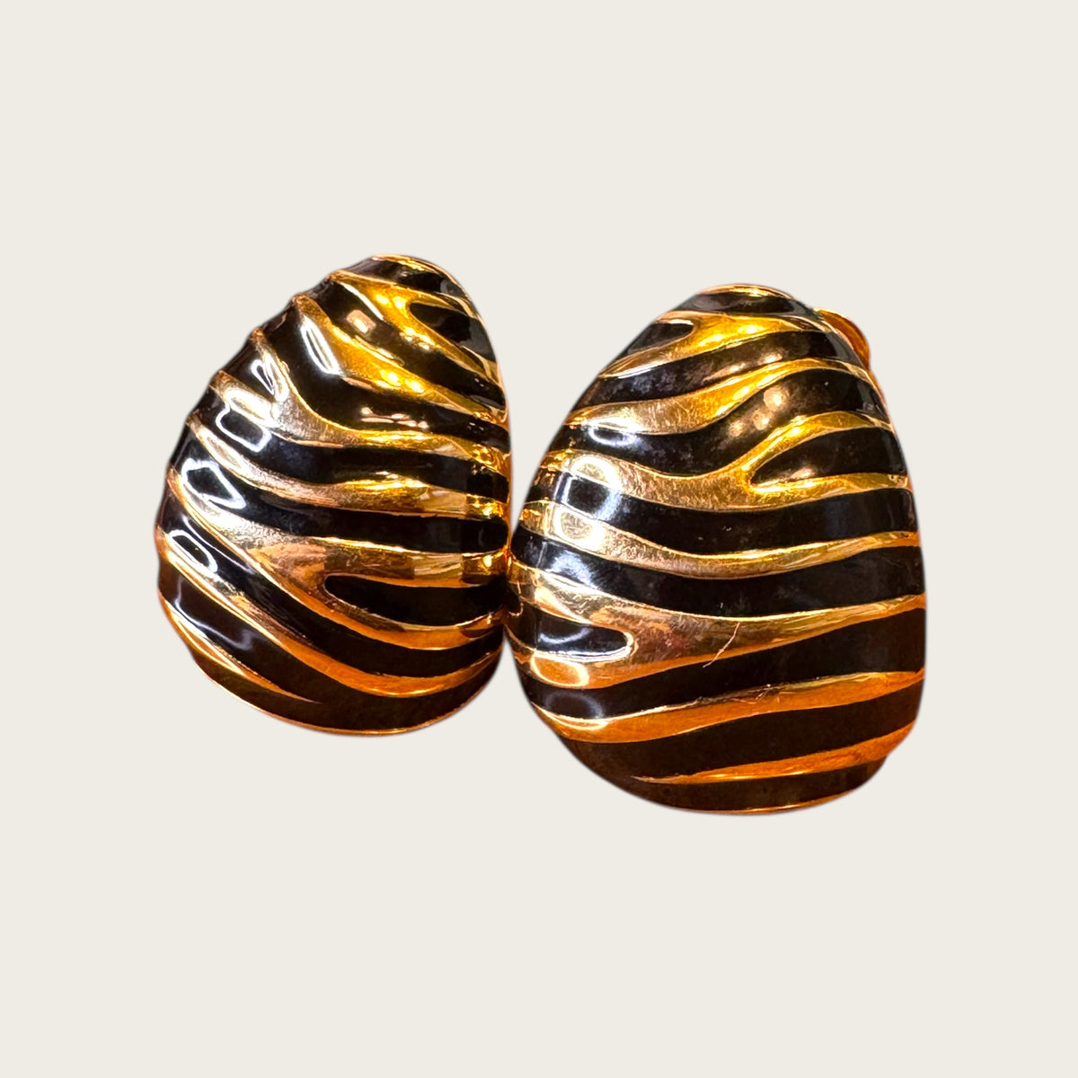Joan Rivers Gold-Tone Zebra Stripe Clip-On Earrings – Black Enamel | 1990s Statement Couture