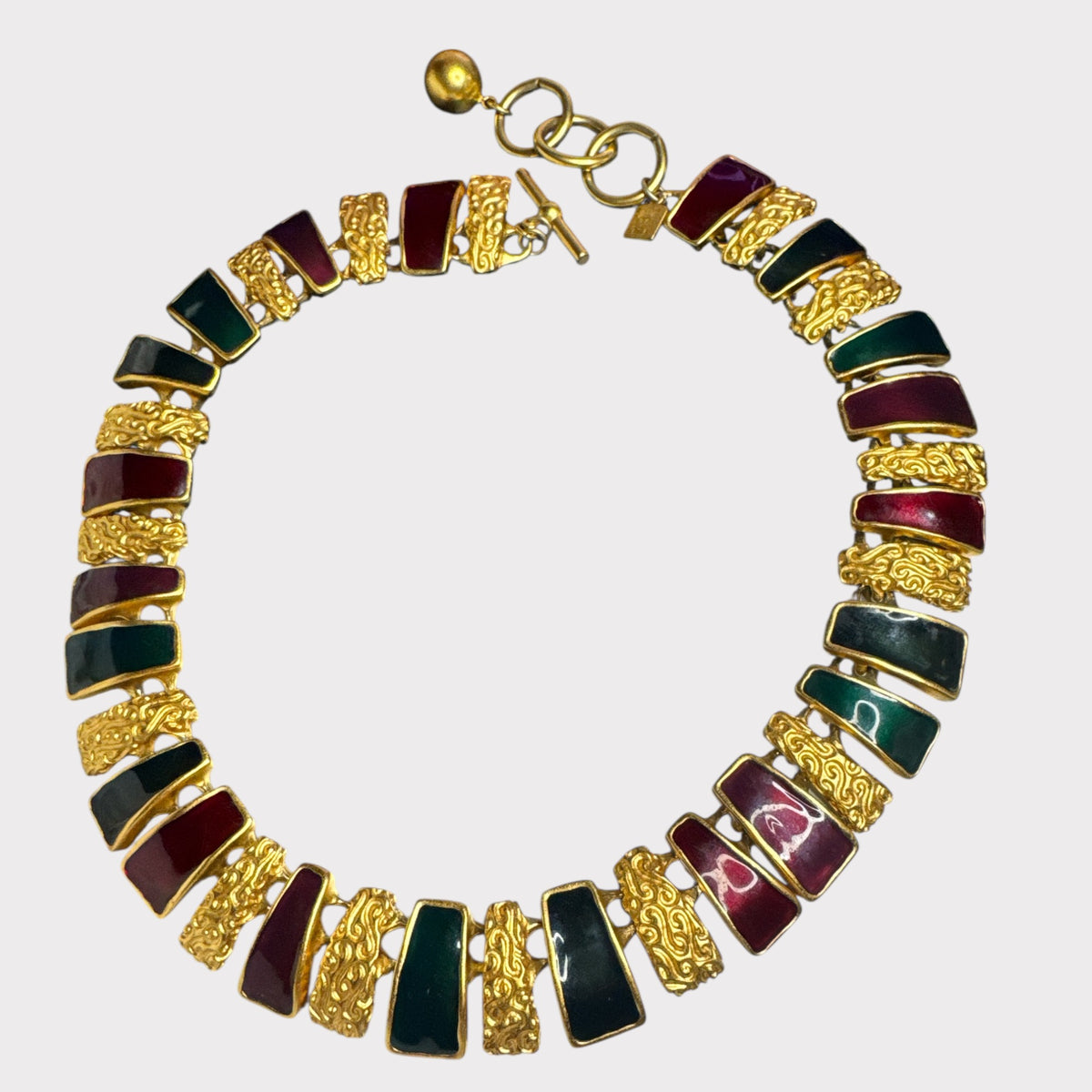 Vintage Anne Klein Articulated Enamel & Textured Gold-Tone Statement Necklace – Maroon & Deep Forest Green Bars – 1980s Runway Jewelry