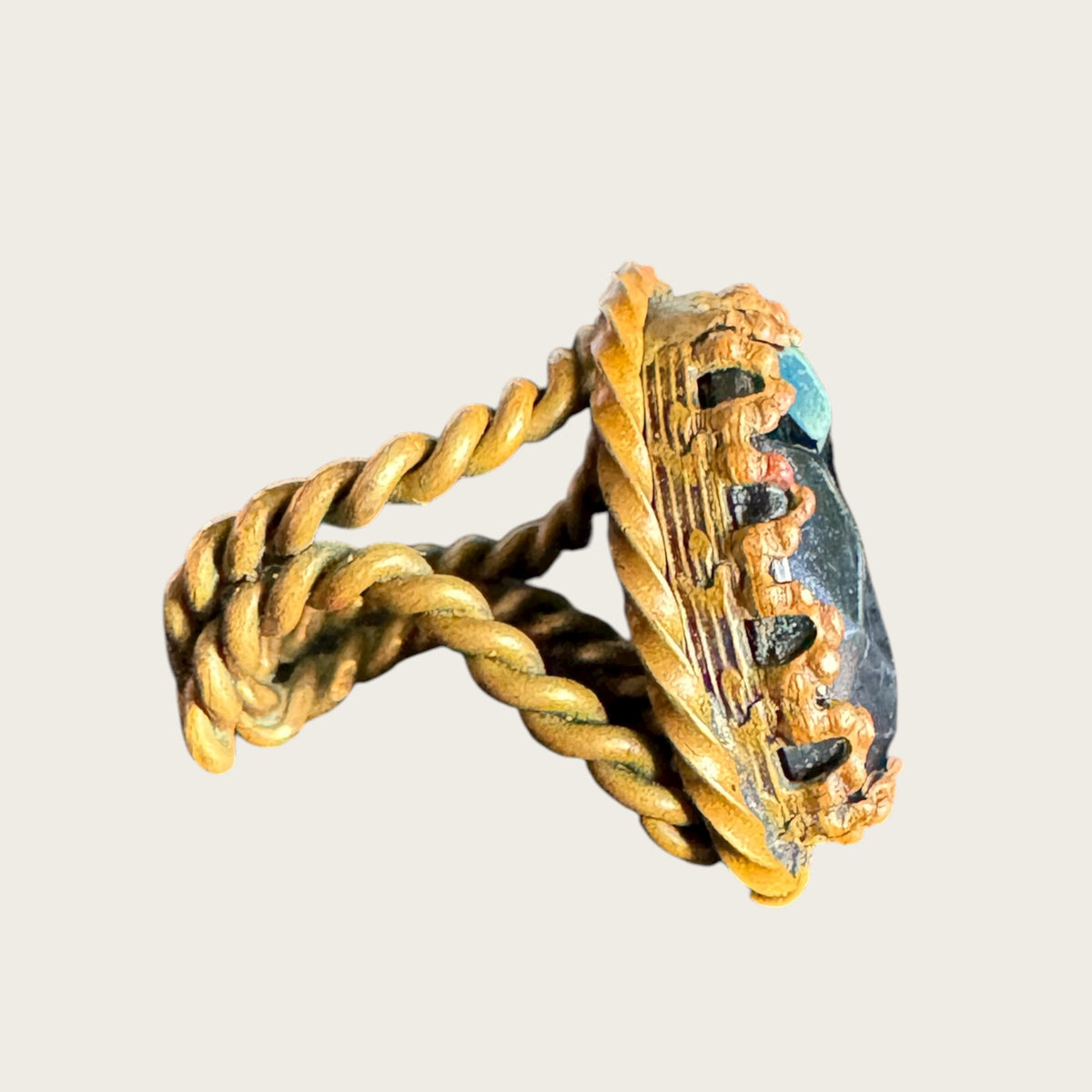 Vintage West Germany Rope Twist Statement Ring – Faceted Black Glass, Adjustable, 1950s–60s