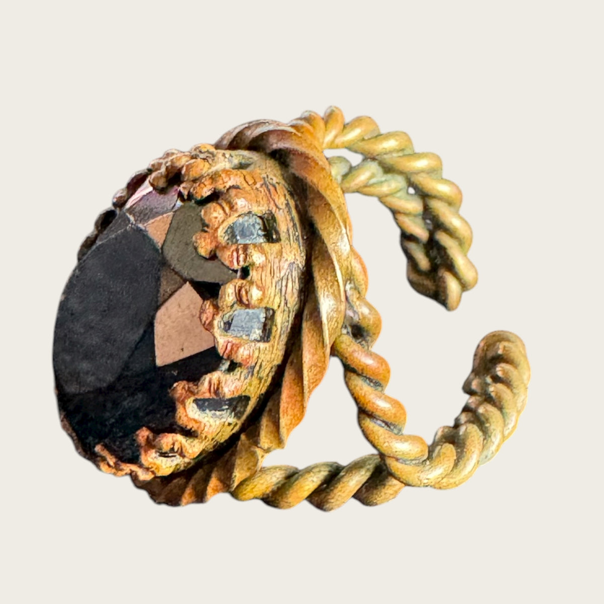 Vintage West Germany Rope Twist Statement Ring – Faceted Black Glass, Adjustable, 1950s–60s