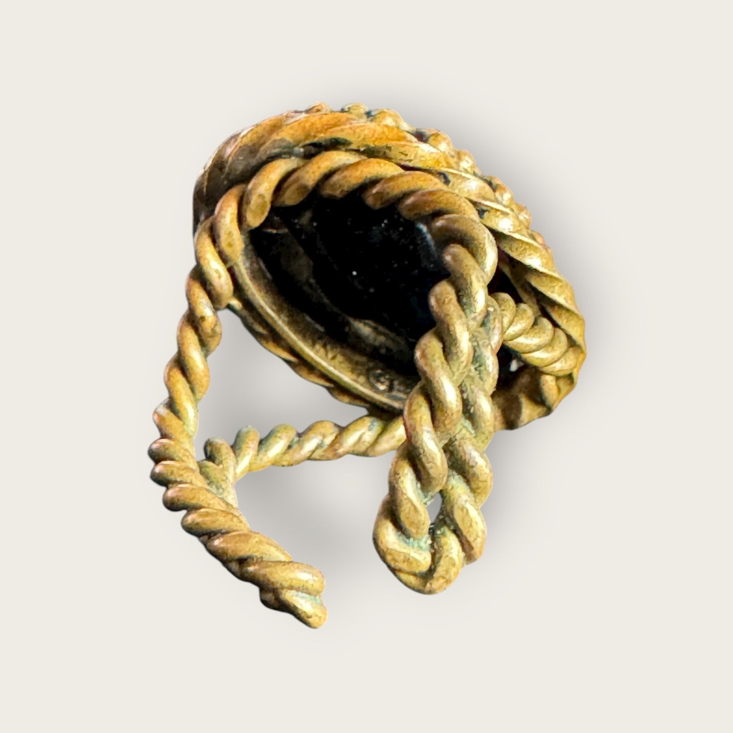 Vintage West Germany Rope Twist Statement Ring – Faceted Black Glass, Adjustable, 1950s–60s