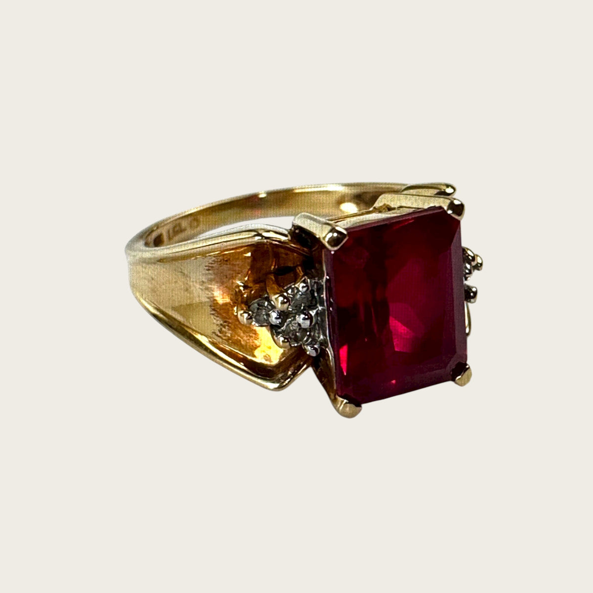 Vintage 10K Gold Emerald-Cut Ruby Ring with Diamond Accents