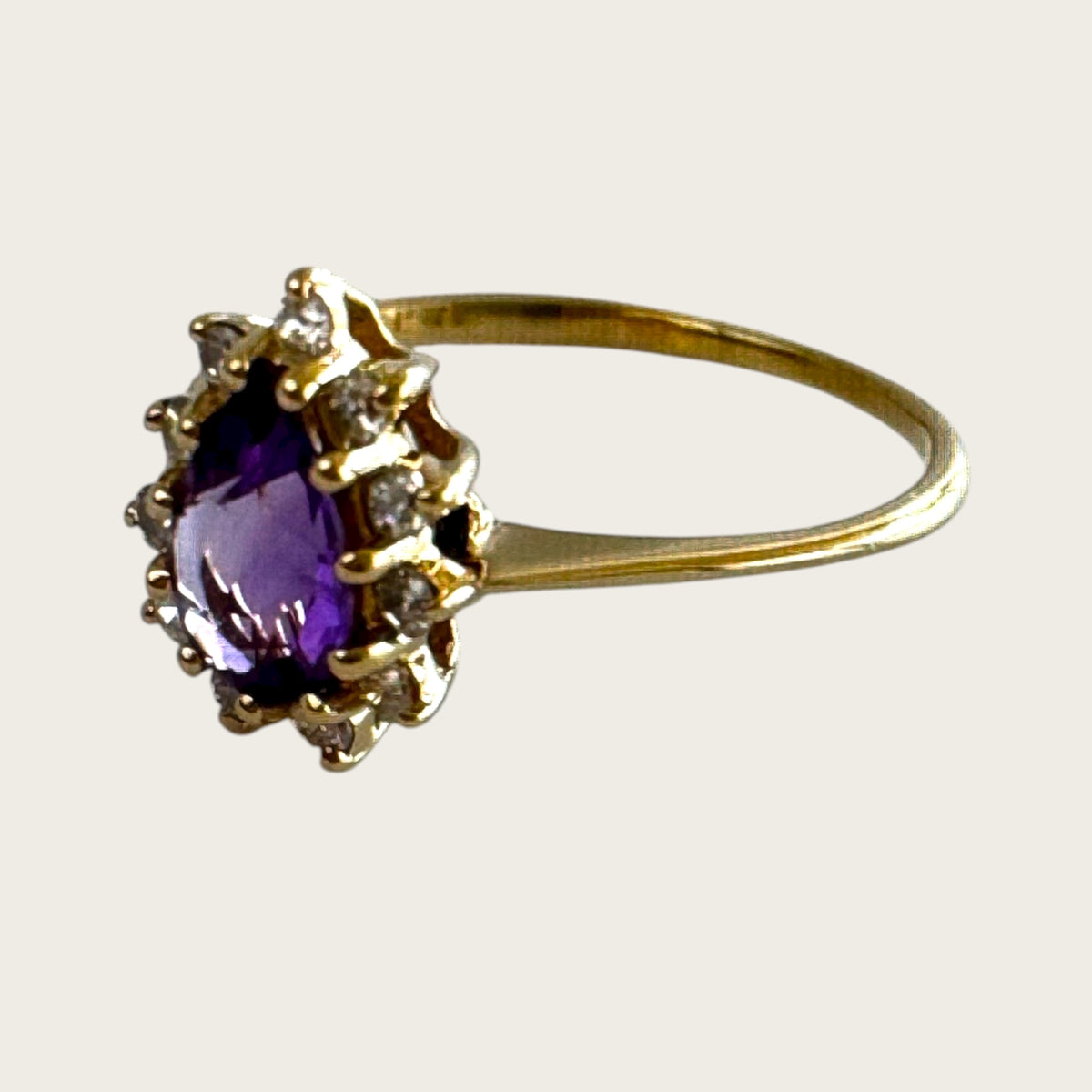 Vintage 14K Gold Pear Cut Amethyst & Diamond Halo Ring