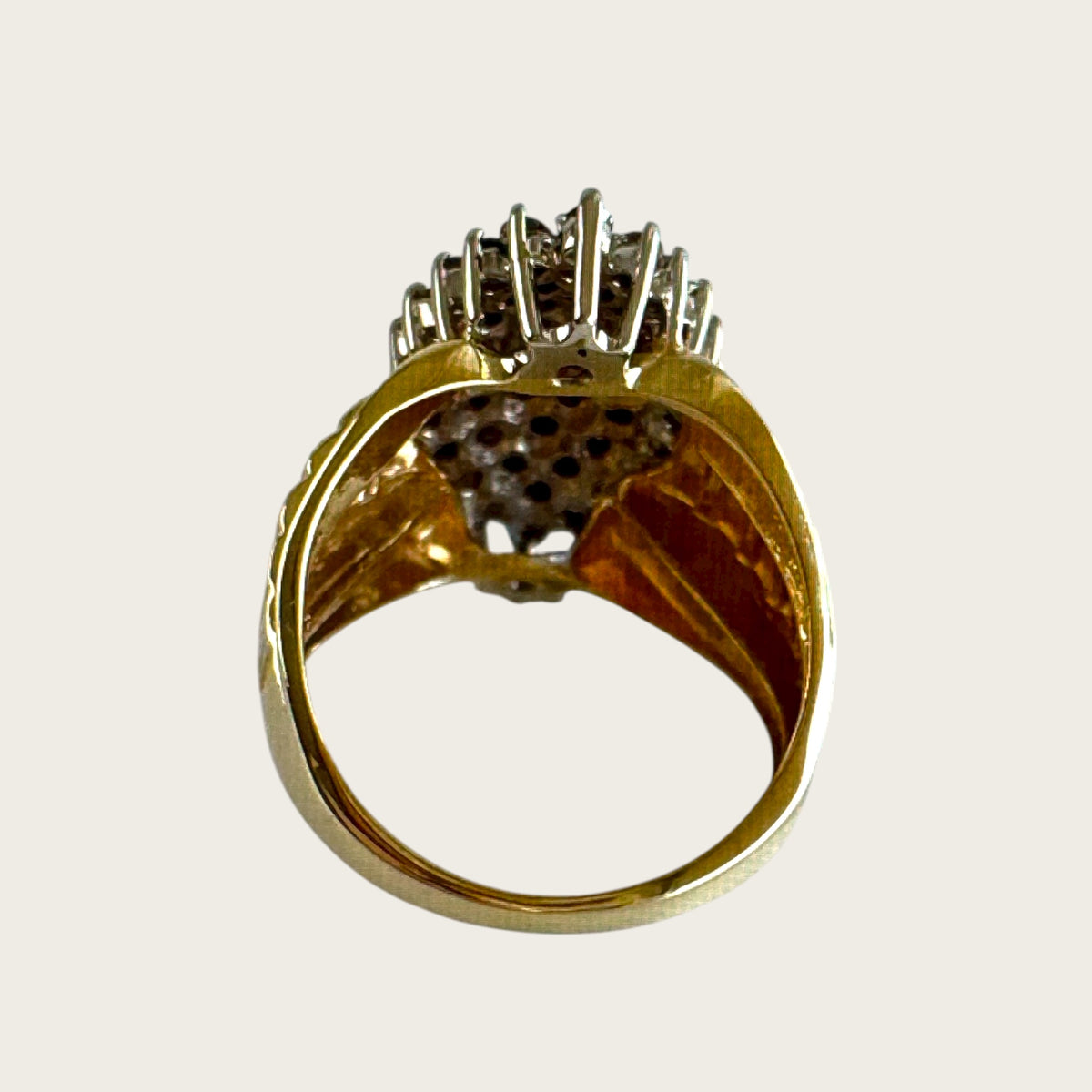 Vintage 10K White & Yellow Gold Clear Sapphire Cluster Ring – Size 5–5.25, Estate Raised Dome Cocktail Ring