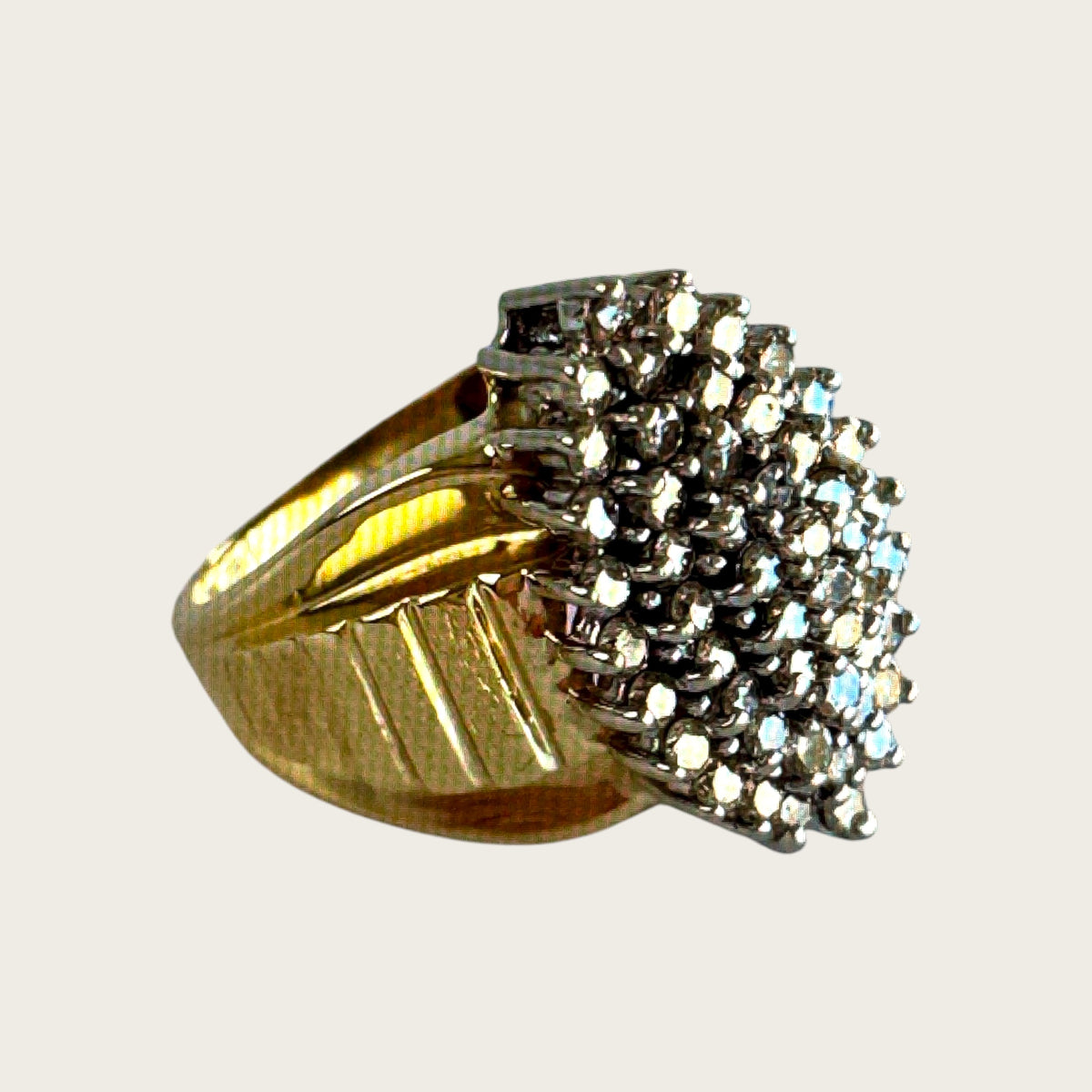Vintage 10K White & Yellow Gold Clear Sapphire Cluster Ring – Size 5–5.25, Estate Raised Dome Cocktail Ring