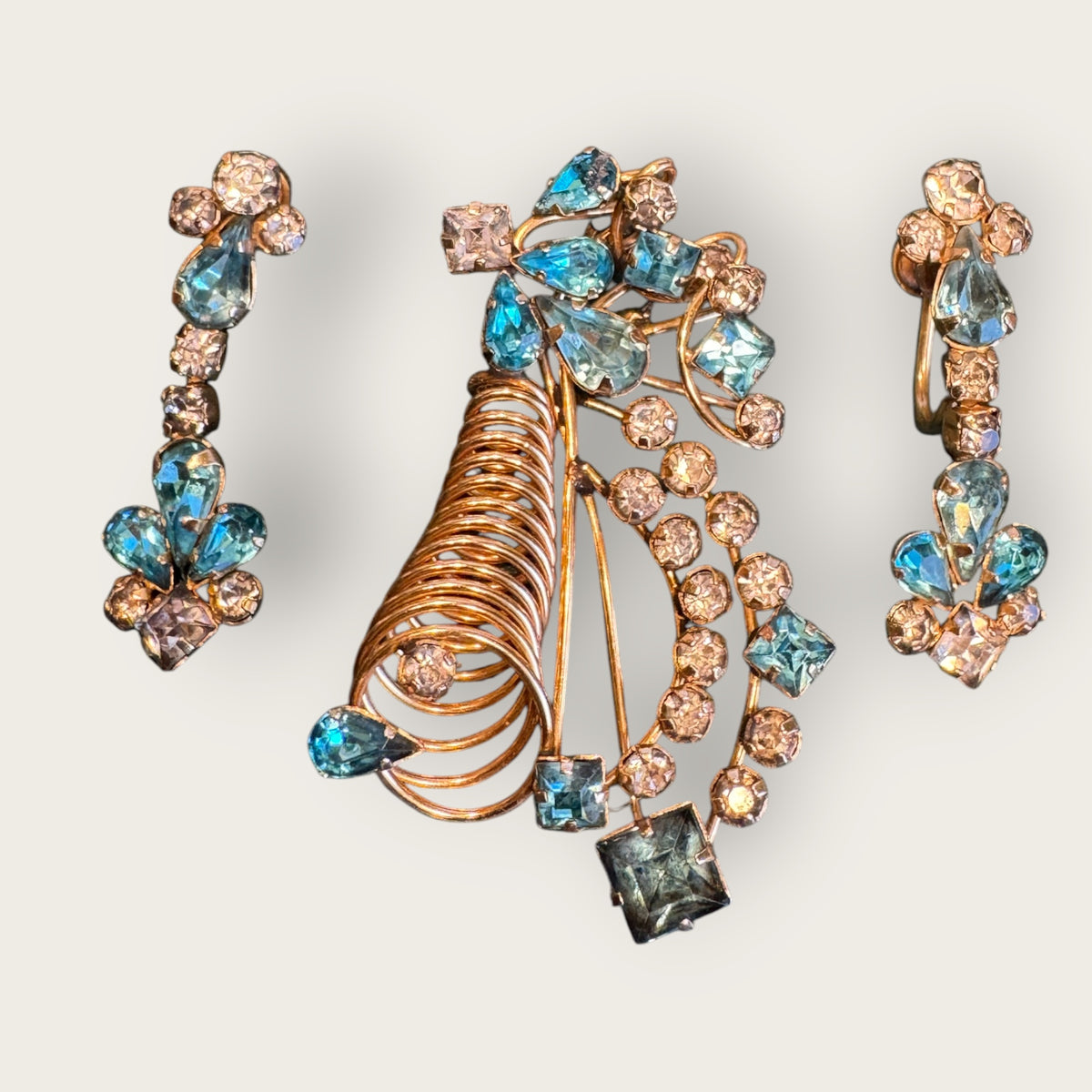 Vintage Star-Art 1/20 12K Gold-Filled Brooch & Dangle Screw-Back Earrings Set – Aquamarine Blue & Clear Rhinestones