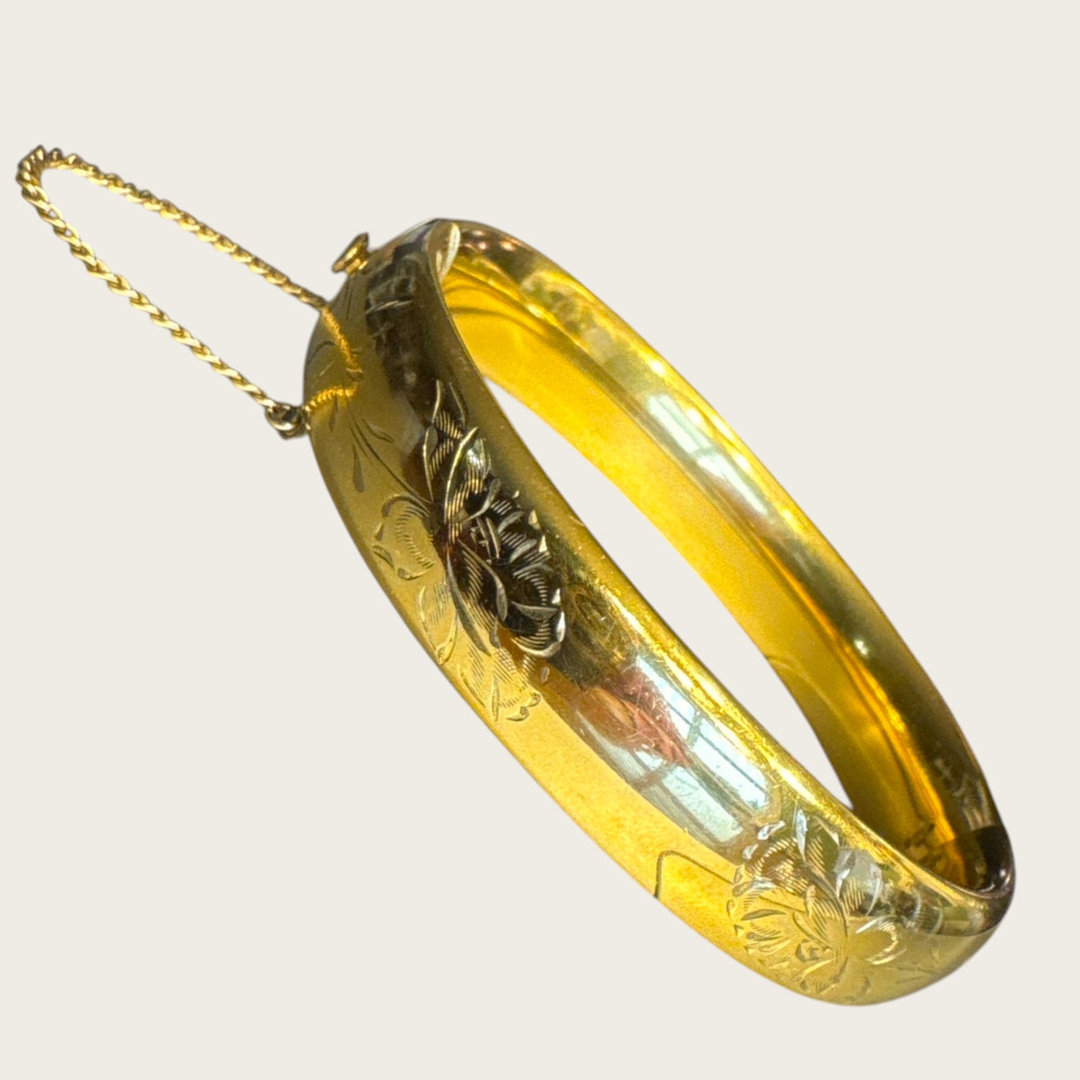 Vintage 1/20 12K Gold-Filled Hand-Engraved Floral Hinged Bangle Bracelet – 22.10g