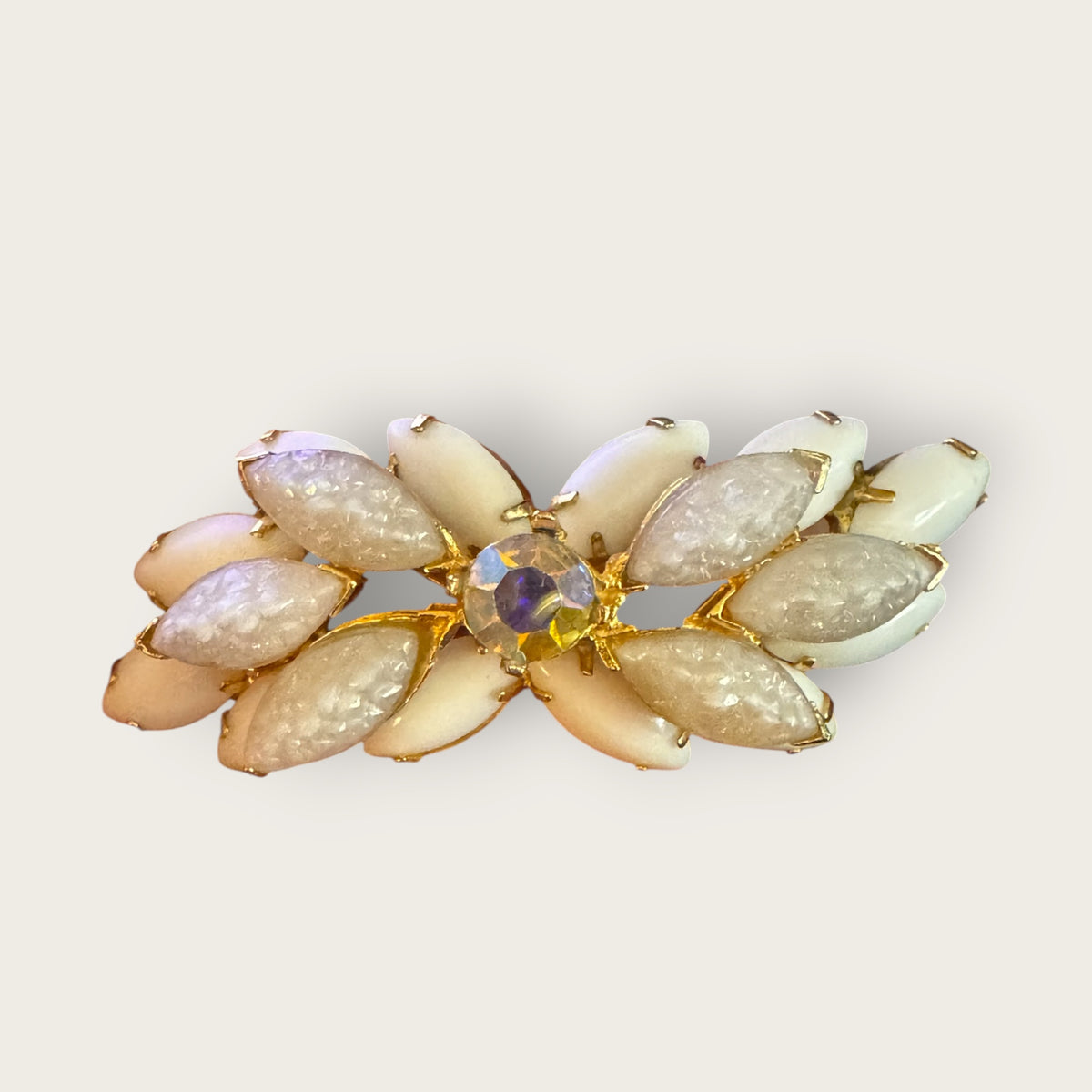 Vintage Mid-Century White Lava Glass & Milk Glass Marquise Brooch – Domed Layered Design with Aurora Borealis Center Stone – Gold Tone