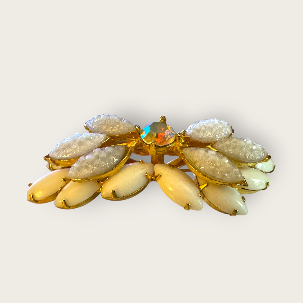 Vintage Mid-Century White Lava Glass & Milk Glass Marquise Brooch – Domed Layered Design with Aurora Borealis Center Stone – Gold Tone