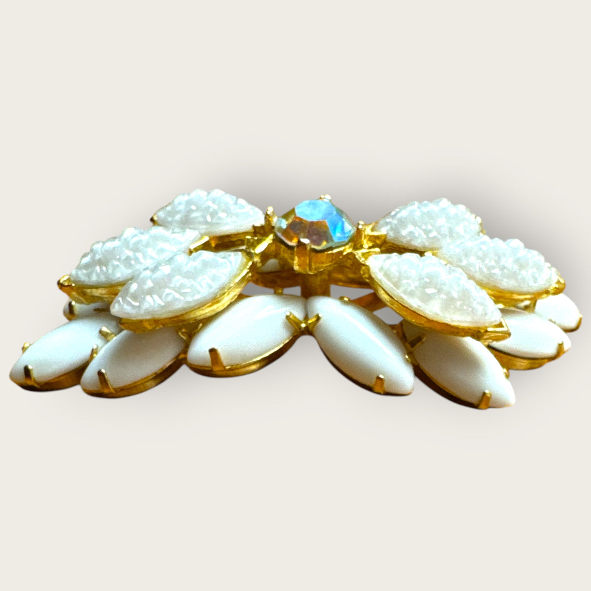 Vintage Mid-Century White Lava Glass & Milk Glass Marquise Brooch – Domed Layered Design with Aurora Borealis Center Stone – Gold Tone