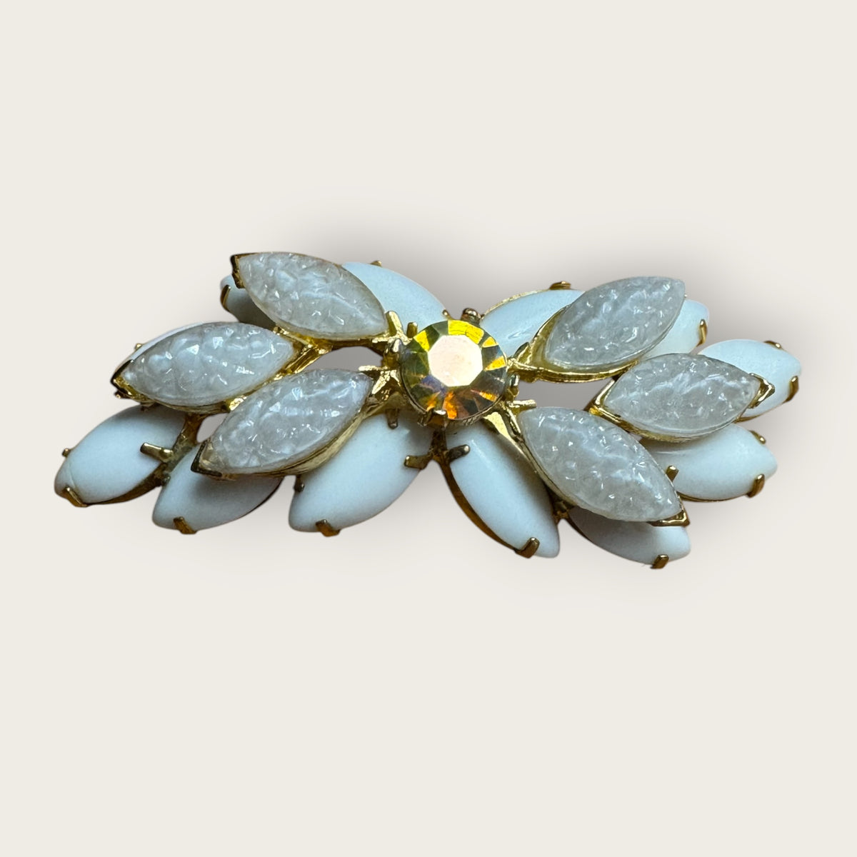 Vintage Mid-Century White Lava Glass & Milk Glass Marquise Brooch – Domed Layered Design with Aurora Borealis Center Stone – Gold Tone