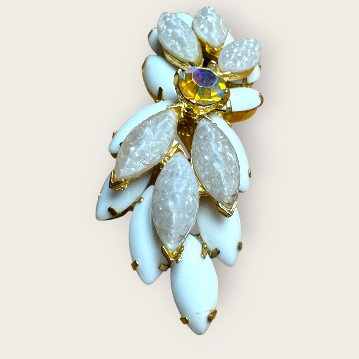 Vintage Mid-Century White Lava Glass & Milk Glass Marquise Brooch – Domed Layered Design with Aurora Borealis Center Stone – Gold Tone
