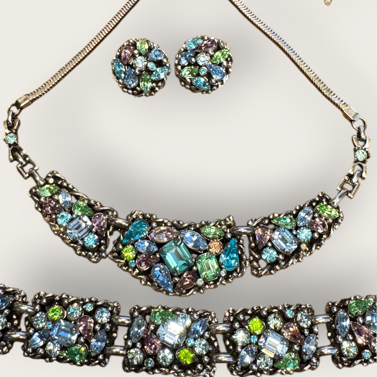 Vintage Barclay Uranium Rhinestone Parure – Signed Necklace, Bracelet & Earrings Set, 1950s Hollywood Regency Glamour