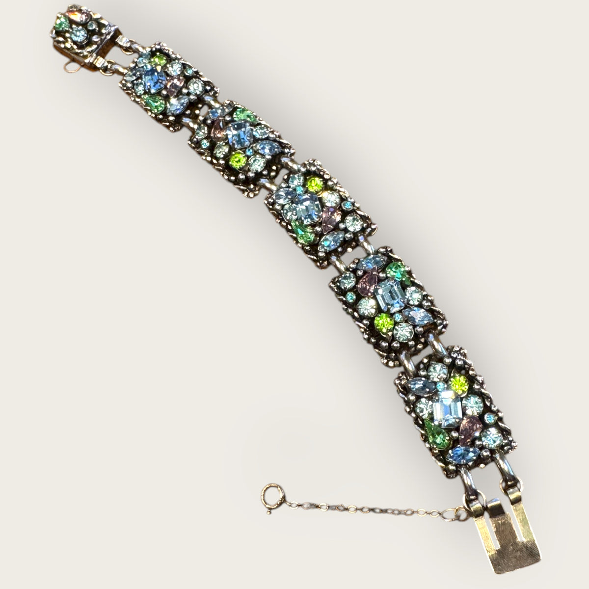 Vintage Barclay Uranium Rhinestone Parure – Signed Necklace, Bracelet & Earrings Set, 1950s Hollywood Regency Glamour