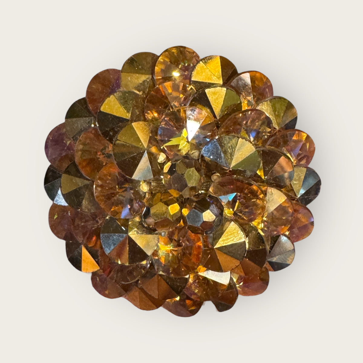 Vintage Signed Vendome Rivoli Crystal Dome Brooch – Golden Topaz & Aurora Borealis, 2”