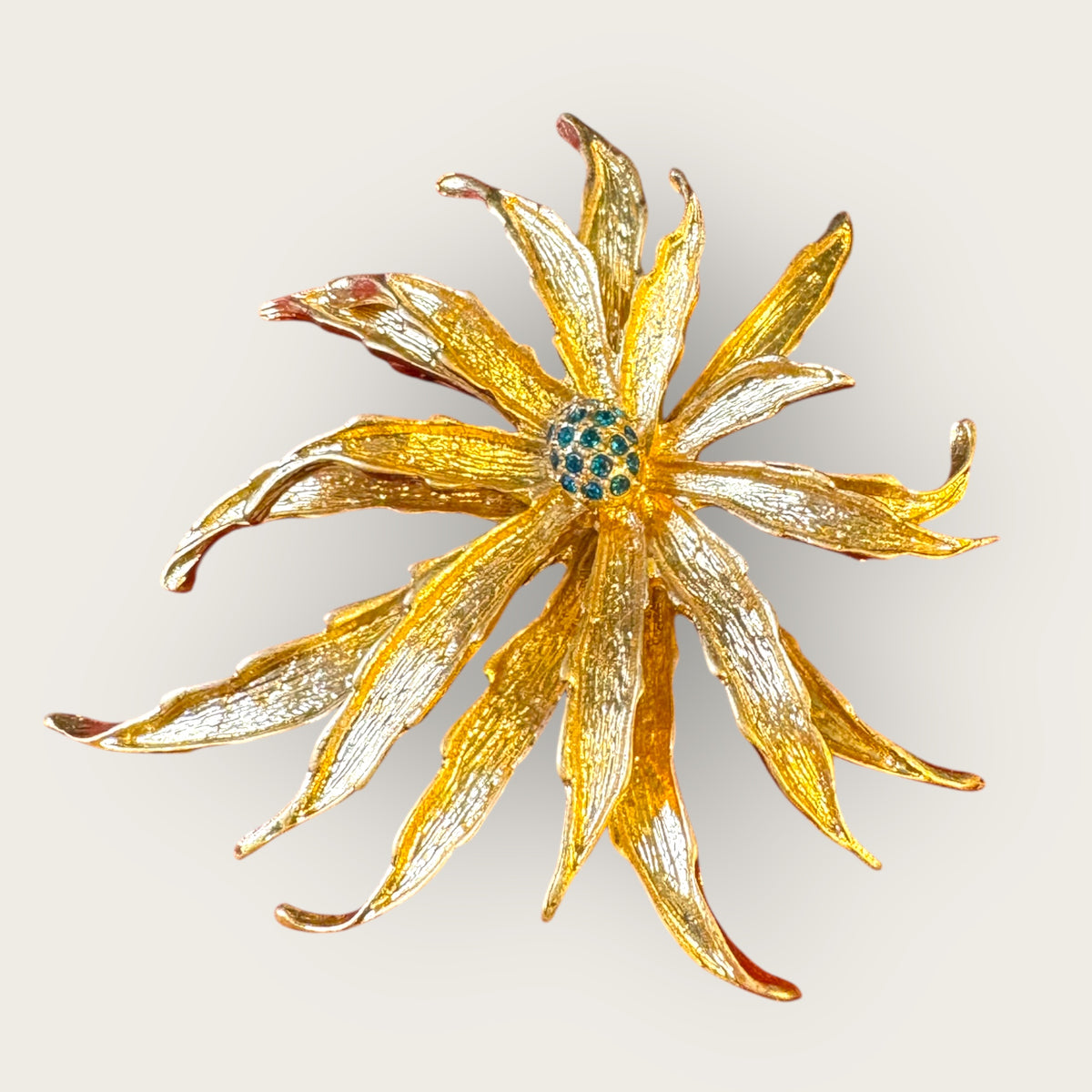 Vintage Signed HEIDIK9 Statement Floral Brooch & Pendant – Sculpted Gold Sunburst with Emerald Rhinestone Center