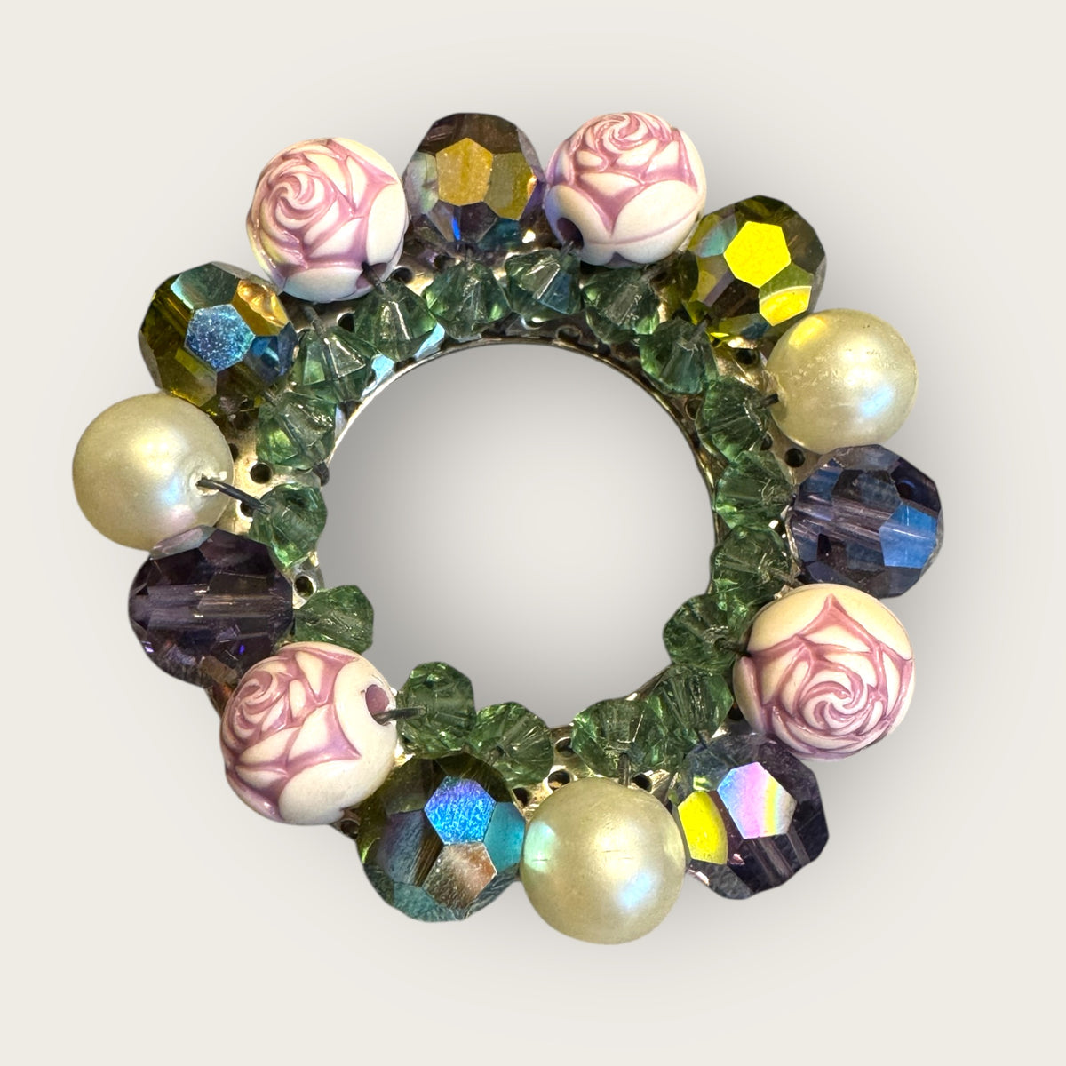 Vintage Floral & Crystal Beaded Circle Brooch – Lavender, Aquamarine & Pearl Accents