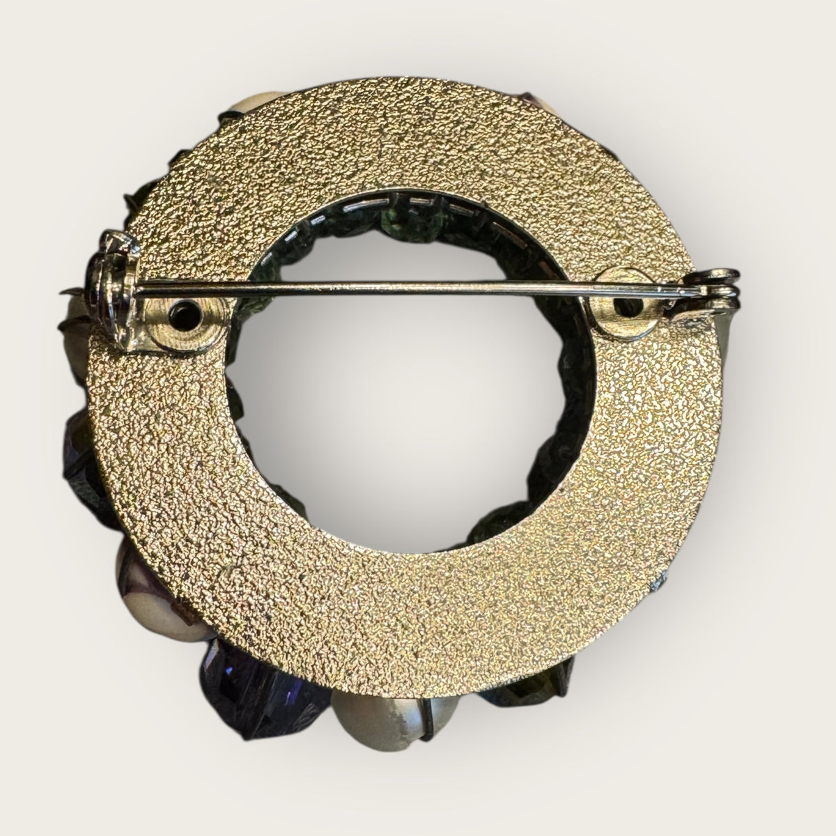 Vintage Floral & Crystal Beaded Circle Brooch – Lavender, Aquamarine & Pearl Accents