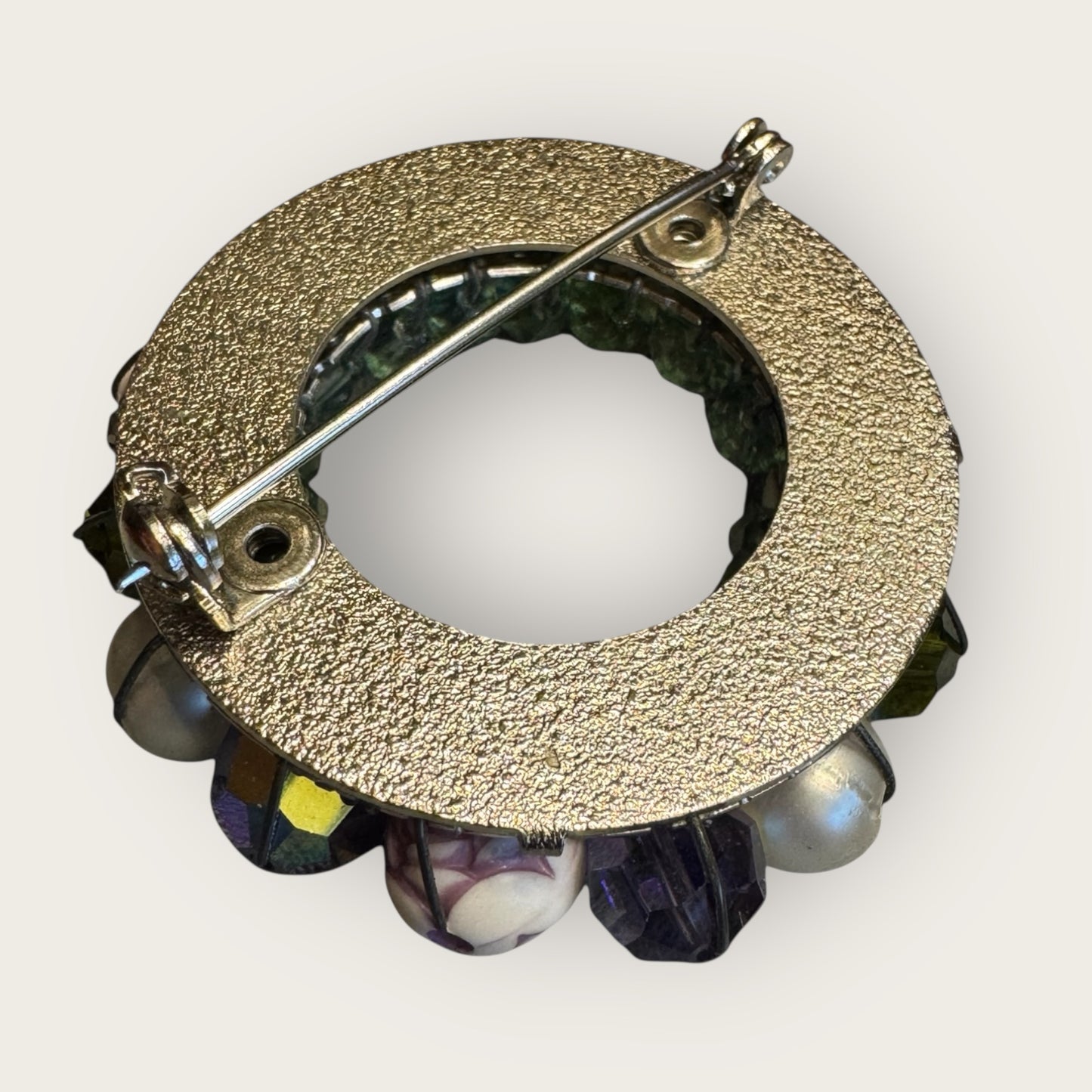 Vintage Floral & Crystal Beaded Circle Brooch – Lavender, Aquamarine & Pearl Accents