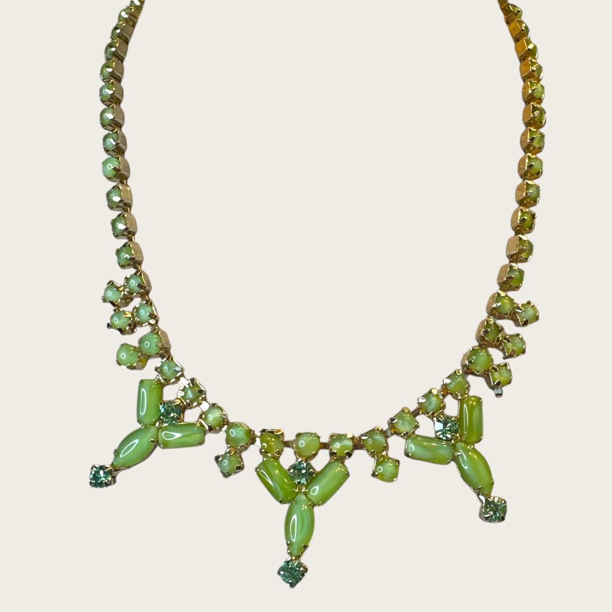 Vintage Joseph Warner Uranium Glass Necklace – Mid-Century Chartreuse Glow with Gold-Tone Setting