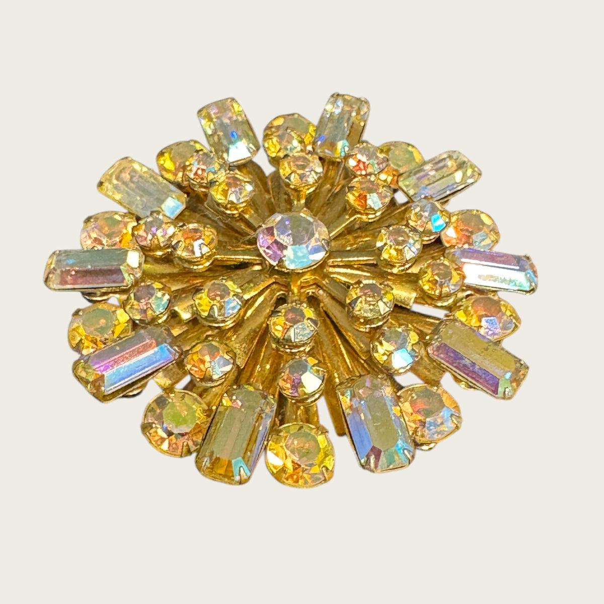 Vintage Aurora Borealis Starburst Brooch – Layered Radiance in Gold-Tone