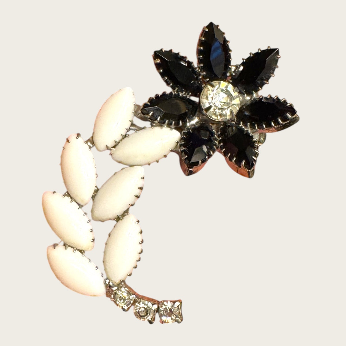 Vintage Black Glass, Milk Glass & Clear Rhinestone Floral Brooch – Statement Bloom
