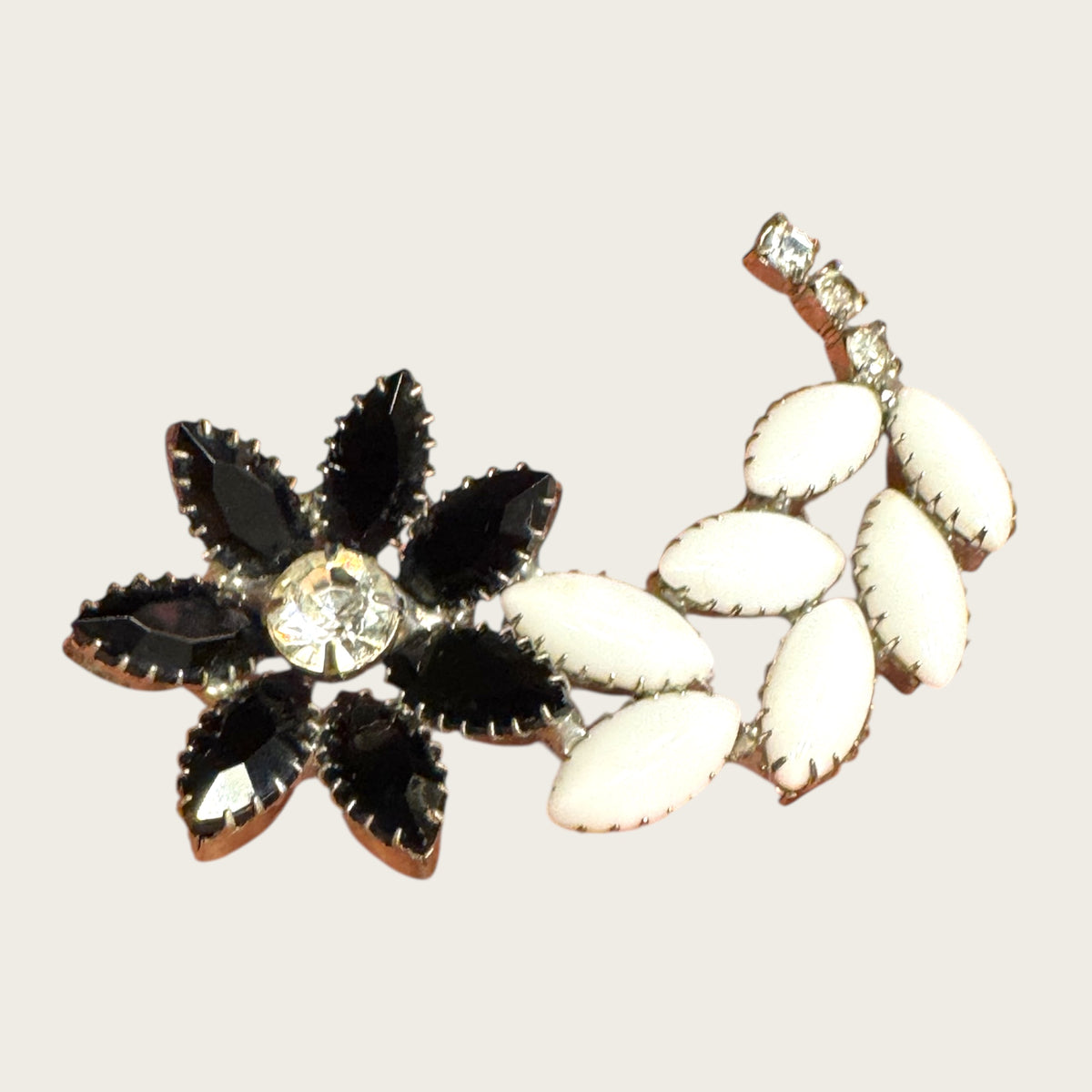 Vintage Black Glass, Milk Glass & Clear Rhinestone Floral Brooch – Statement Bloom