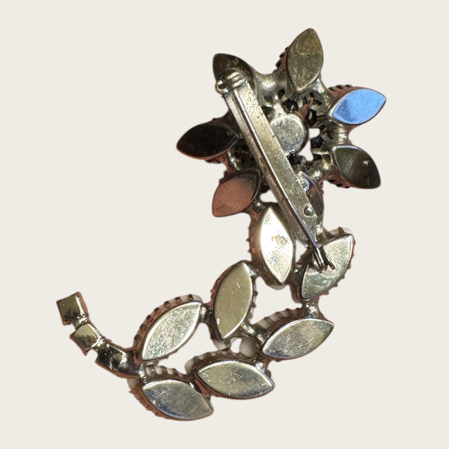 Vintage Black Glass, Milk Glass & Clear Rhinestone Floral Brooch – Statement Bloom