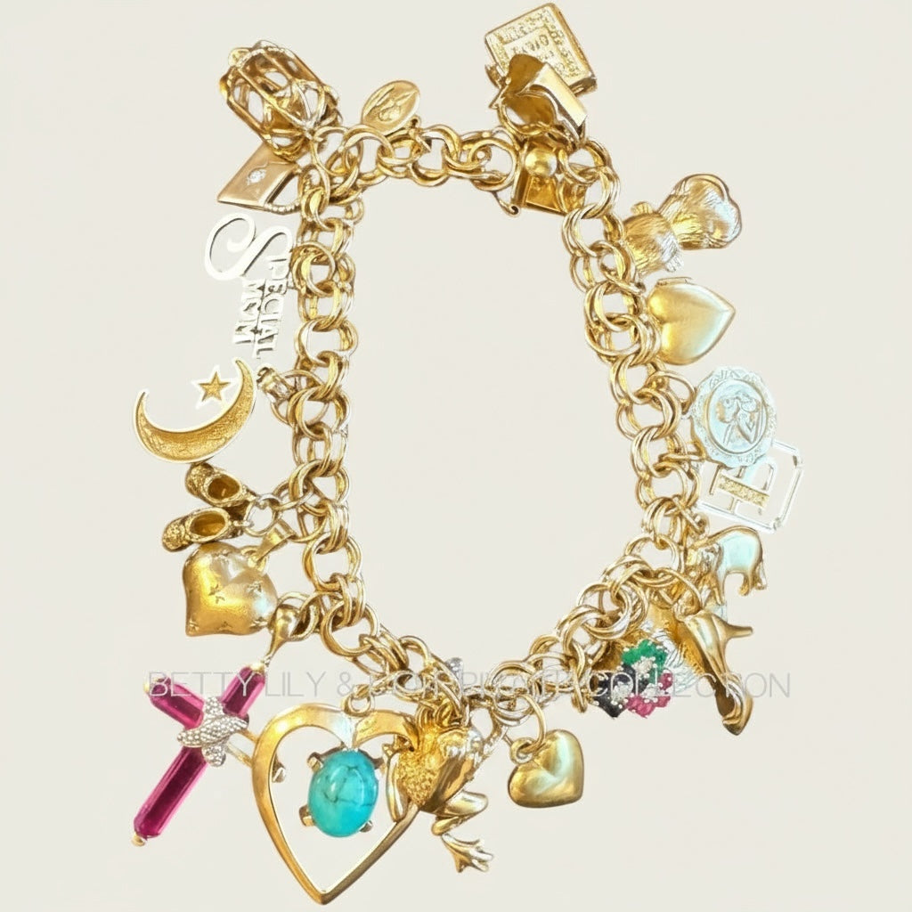 Vintage 1970s 14K Gold Charm Bracelet – 48g Multi-Charm Storybook Heirloom | Private Collection