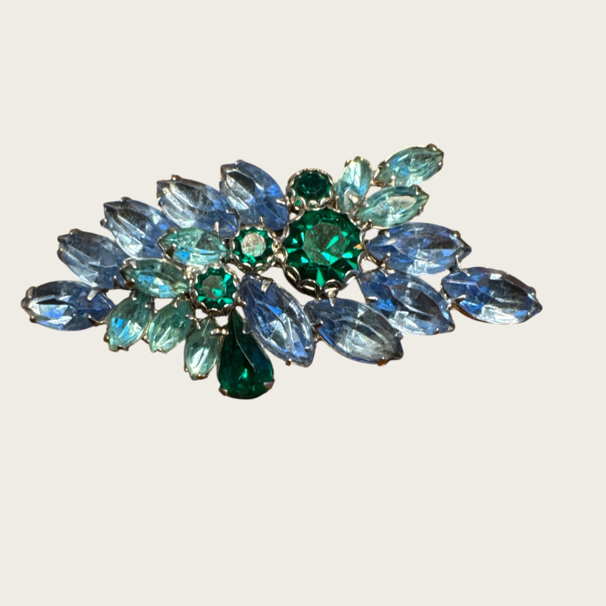 Vintage Aqua, Sapphire & Emerald Rhinestone Spray Brooch – Layered Navettes & Teardrop Gemstone