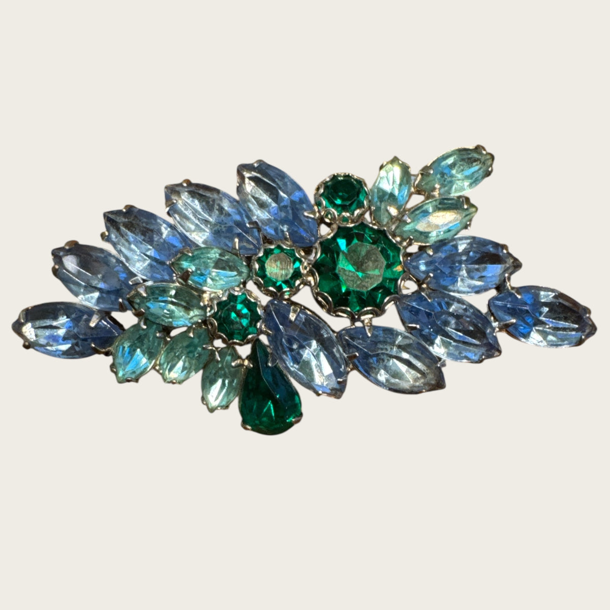 Vintage Aqua, Sapphire & Emerald Rhinestone Spray Brooch – Layered Navettes & Teardrop Gemstone