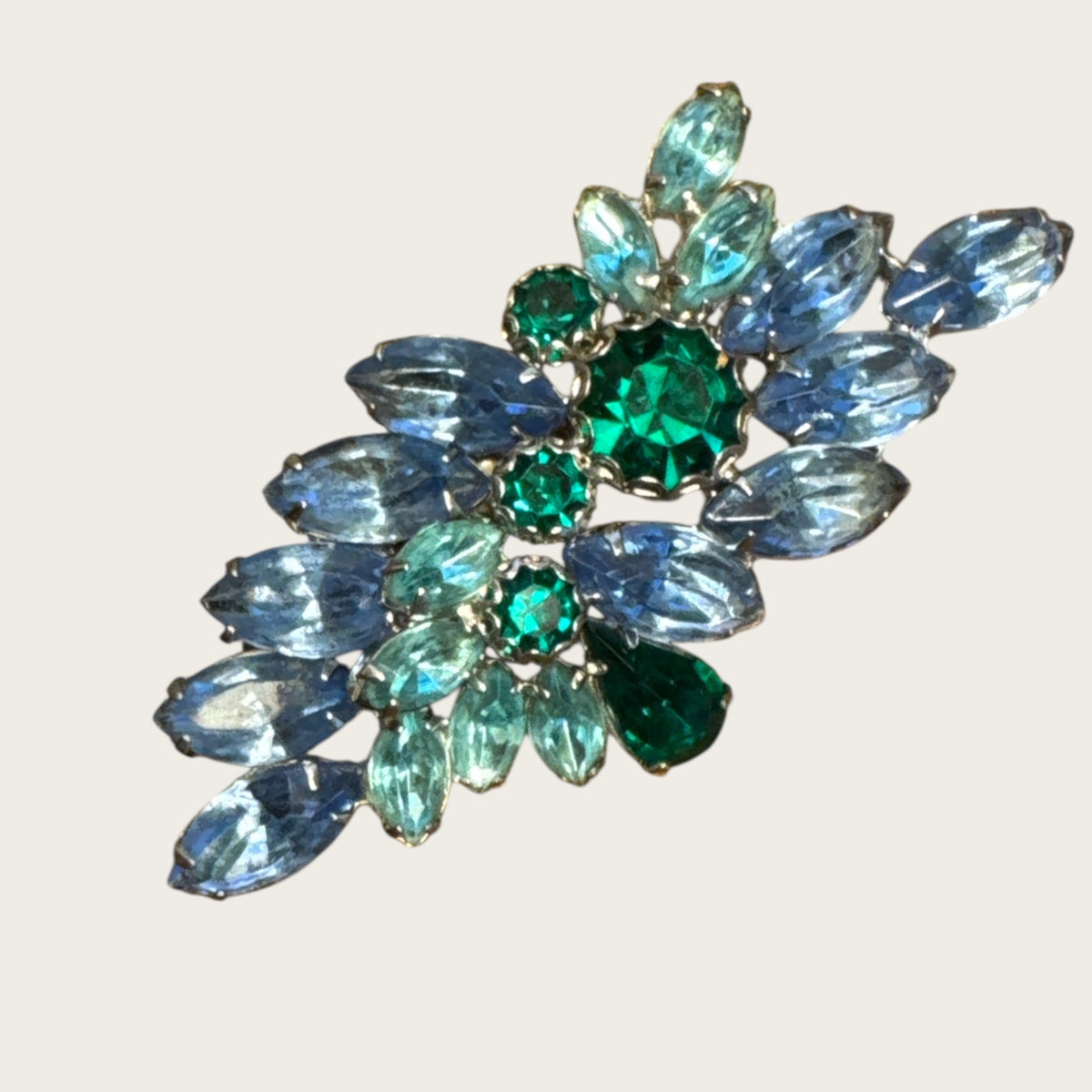 Vintage Aqua, Sapphire & Emerald Rhinestone Spray Brooch – Layered Navettes & Teardrop Gemstone