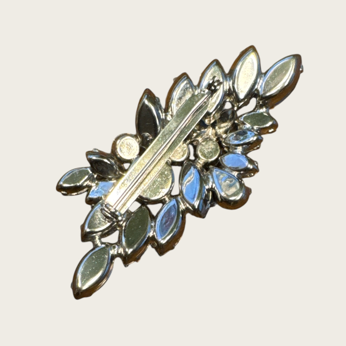 Vintage Aqua, Sapphire & Emerald Rhinestone Spray Brooch – Layered Navettes & Teardrop Gemstone