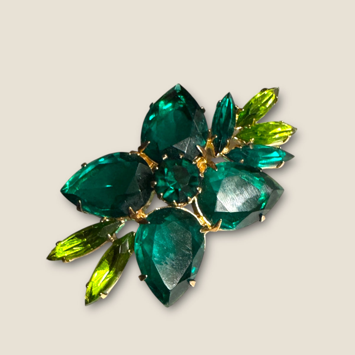 Emerald & Peridot Uranium Marquise Floral Brooch – Mid-Century Sparkle