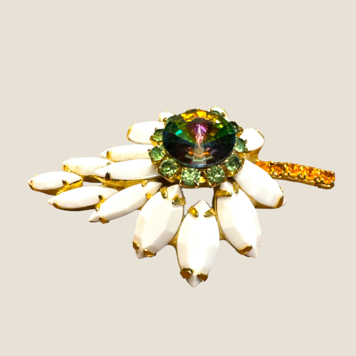 Vintage Watermelon Rivoli & White Marquis Floral Brooch – Mid-Century Radiant Bloom