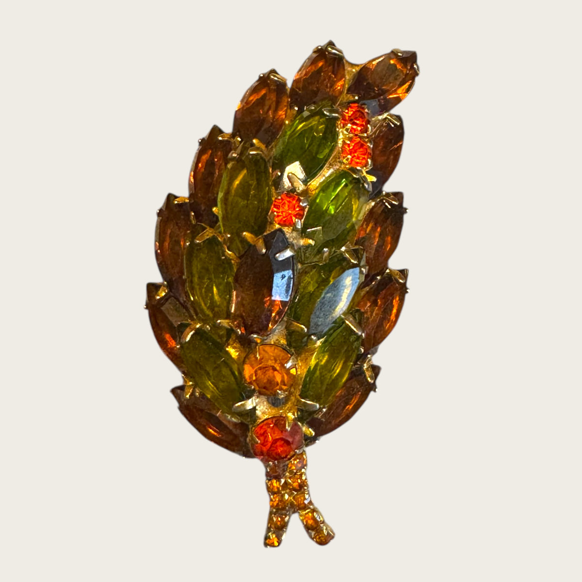 Vintage Fall Jewel-Toned Leaf Brooch – Open-Back Navettes in Root Beer, Avocado, & Topaz
