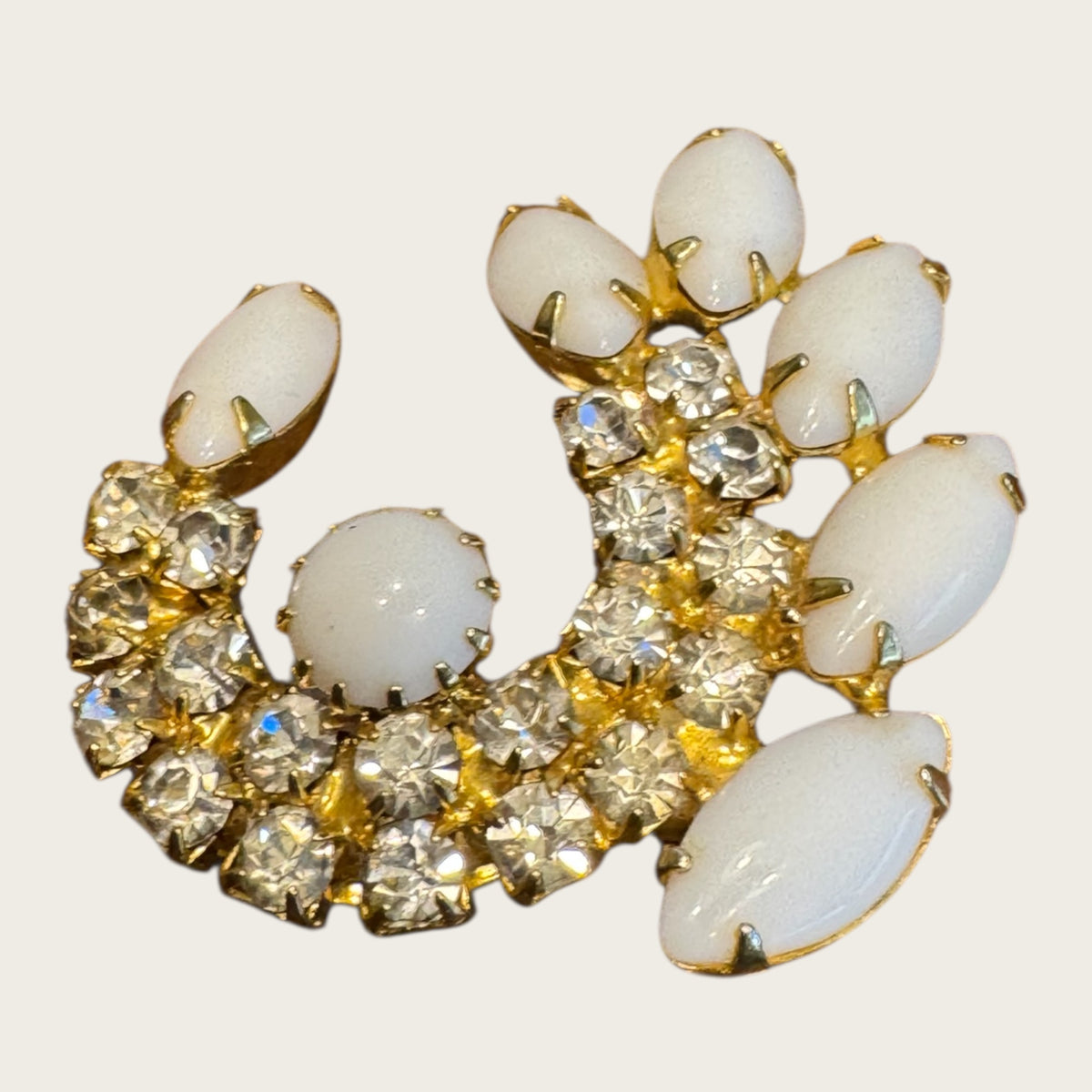 Vintage Milk Glass Crescent Brooch – Prong-Set Navettes & Brilliant Crystal Rhinestones