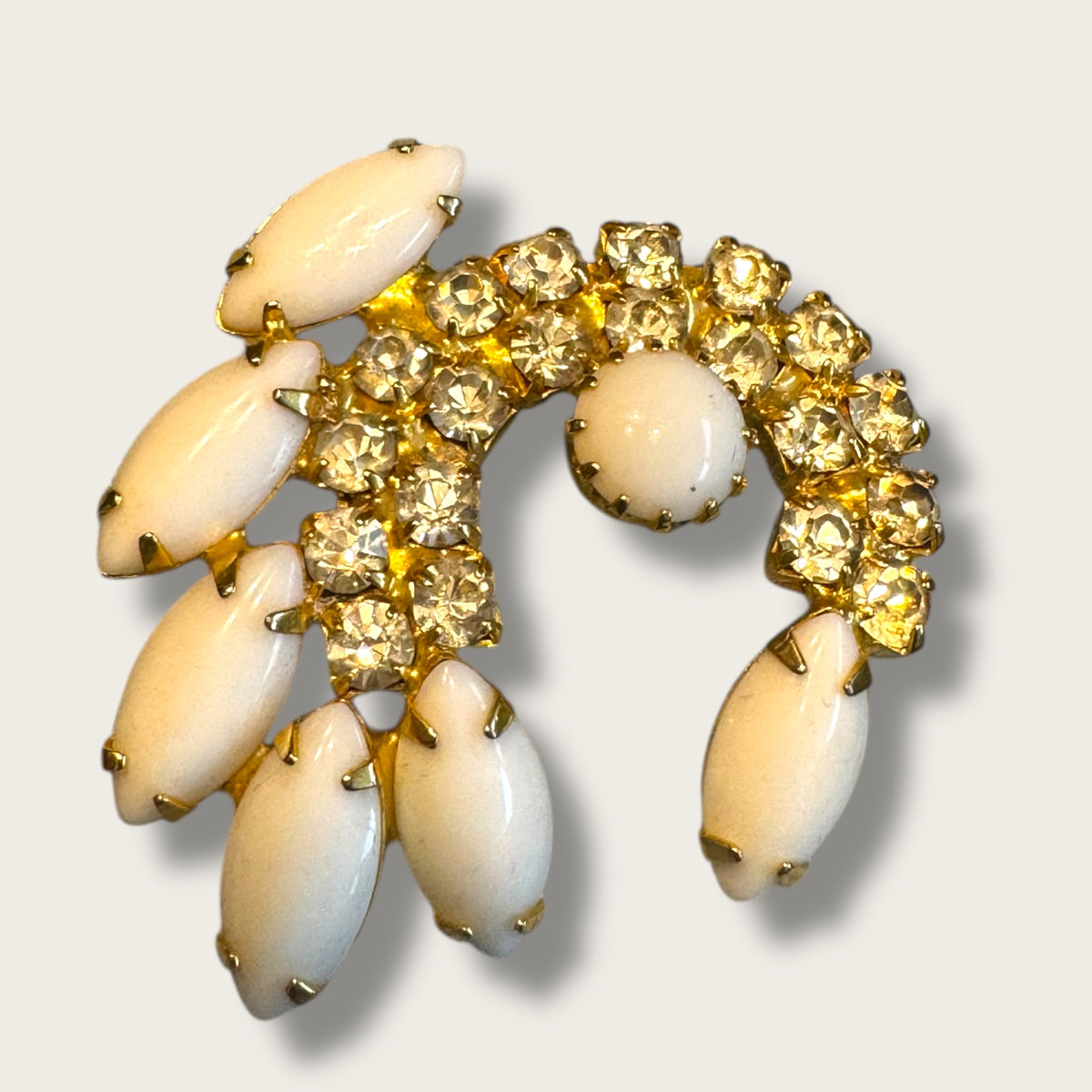 Vintage Milk Glass Crescent Brooch – Prong-Set Navettes & Brilliant Crystal Rhinestones