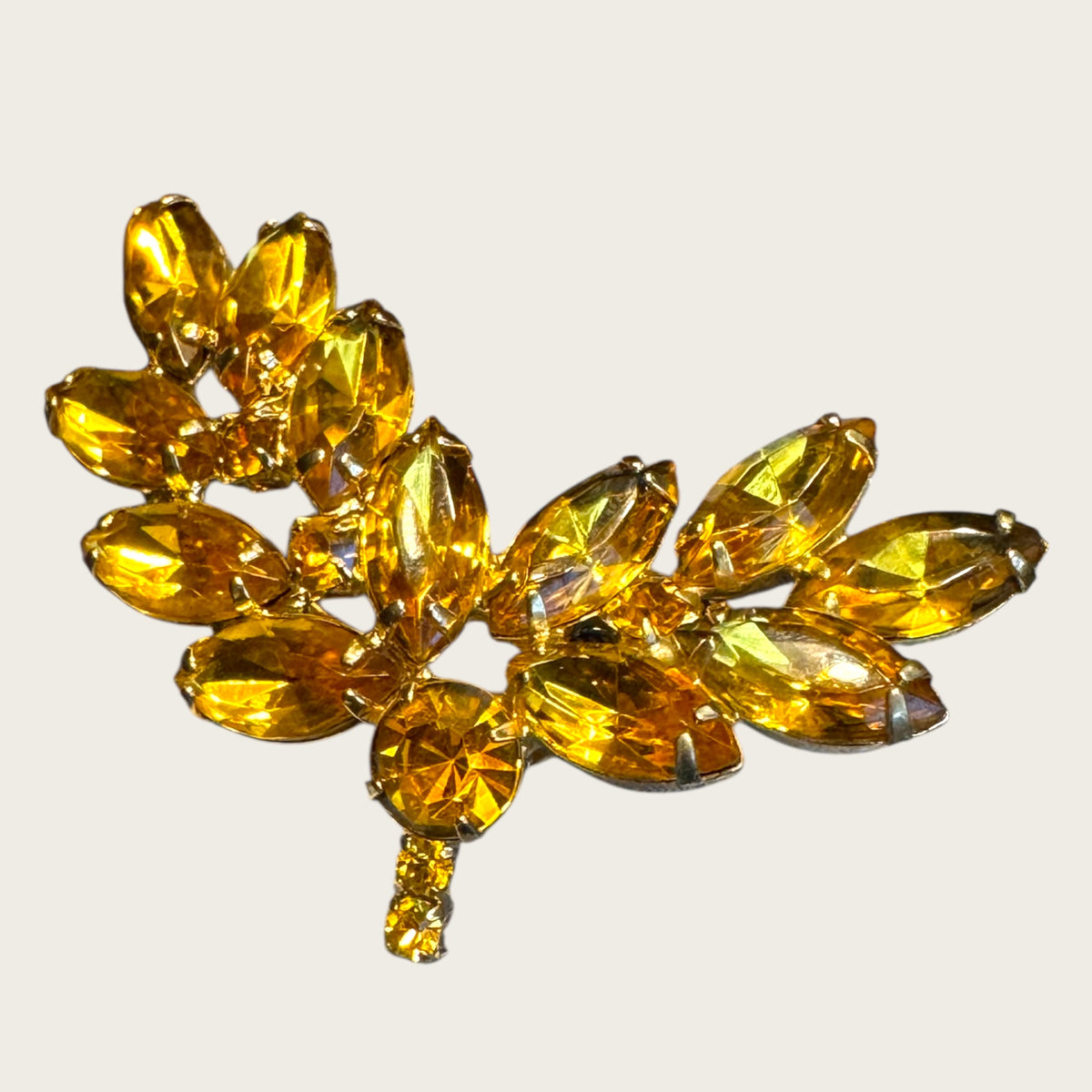 Vintage Golden Topaz Navette Spray Brooch – Warm Amber Hues & Open-Back Stones